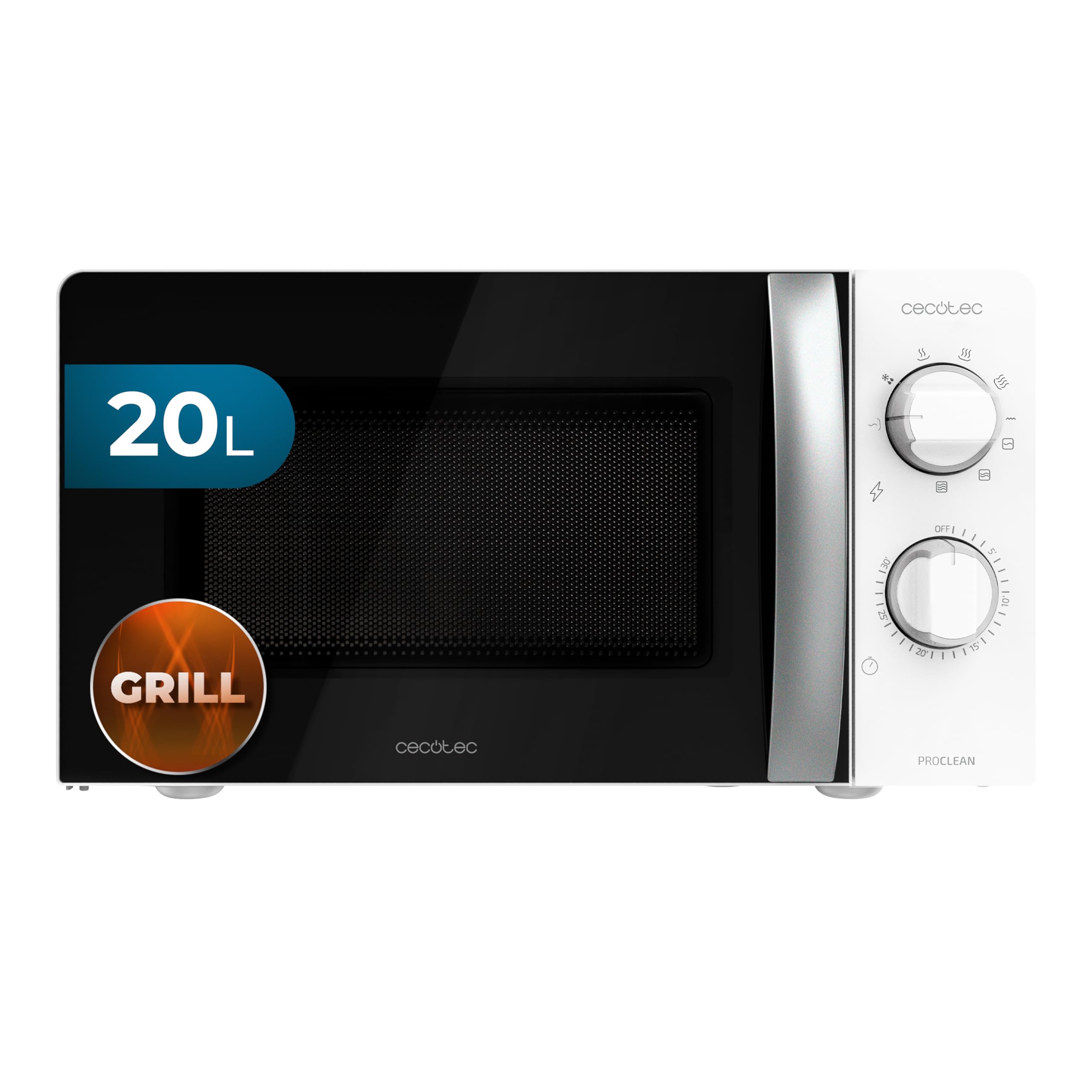 Cecotec Microondas ProClean 2010. 700 W de potência, capacidade de 20 l, tecnologia 3DWave, modo de descongelação, 6 níveis de potência, temporizador 30 mins, design compacto