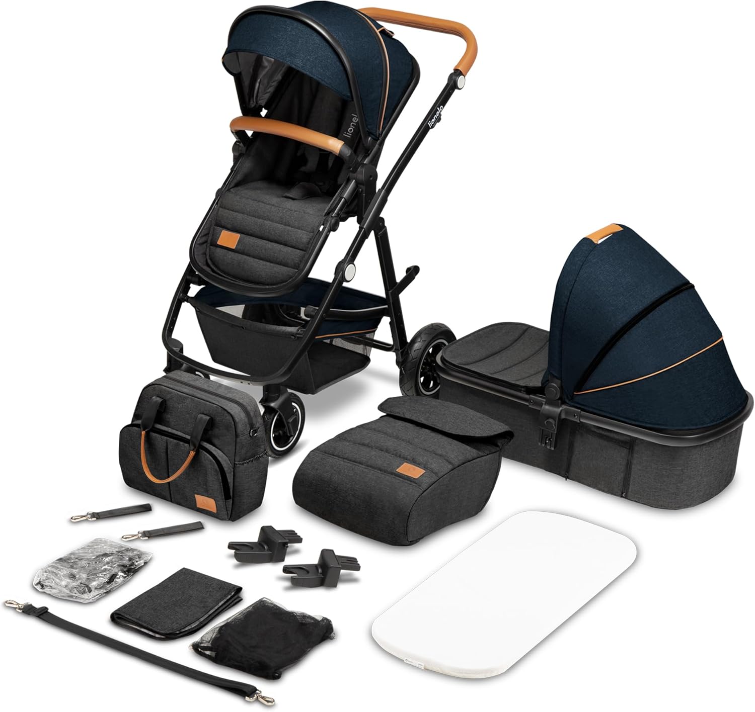LIONELO Amber Carro de bebé multifuncional 2 em 1 conjunto carrinho de passeio com assento de cubo e tampa guiador ajustável bolsa mosquiteira protetor de chuva
