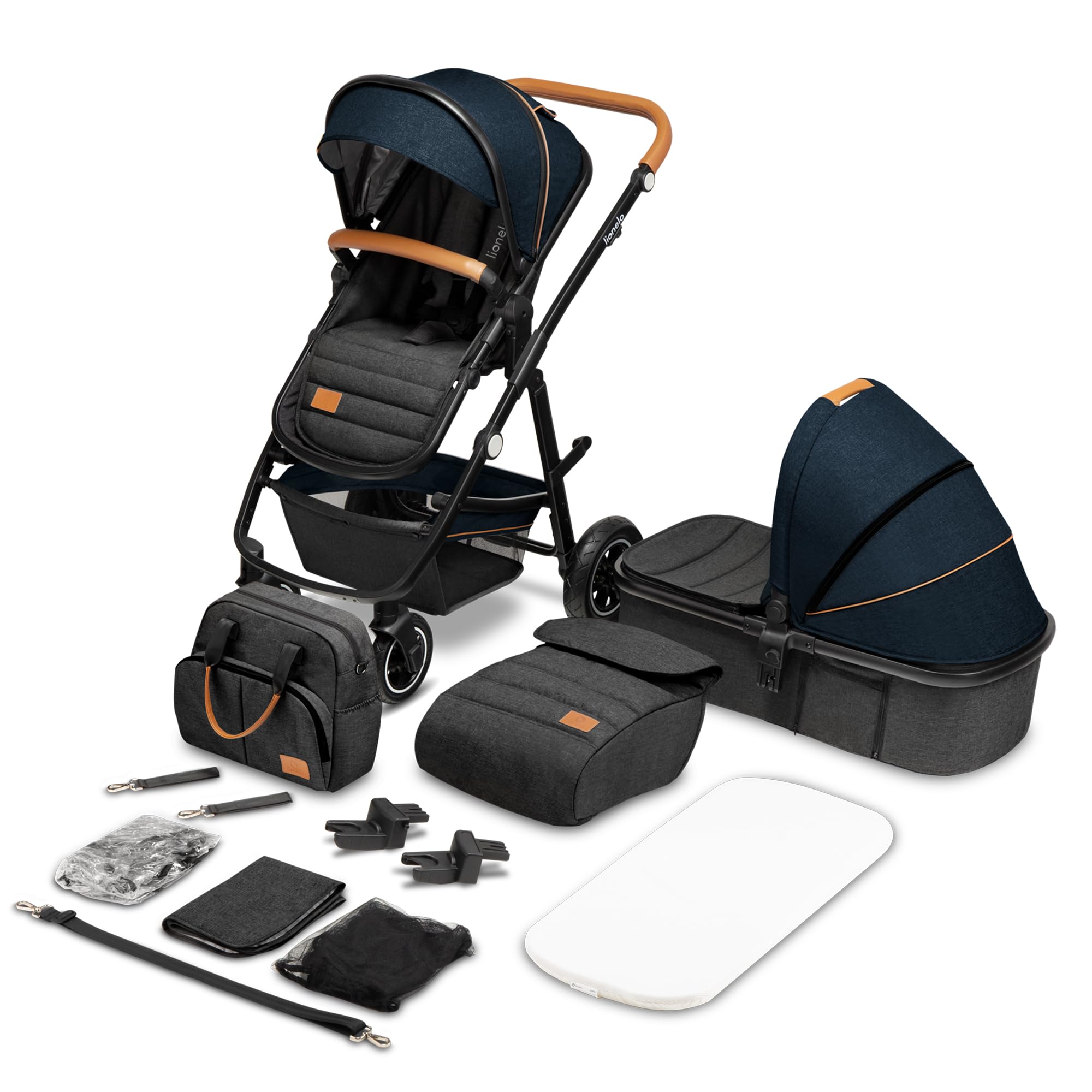 LIONELO Amber Carro de bebé multifuncional 2 em 1 conjunto carrinho de passeio com assento de cubo e tampa guiador ajustável bolsa mosquiteira protetor de chuva