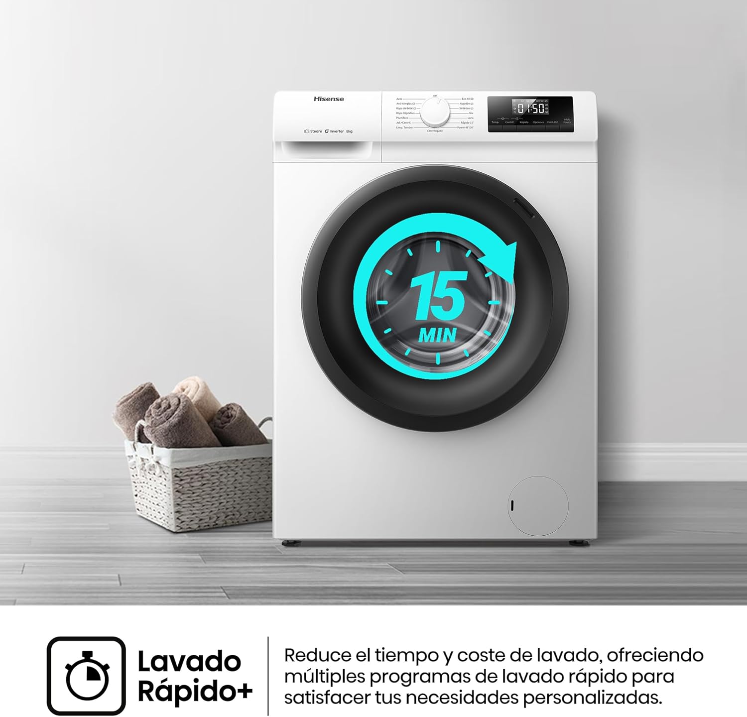 Hisense WF1Q8041BW2 - Máquina de lavar roupa, classe A, 8 kg, 1400 rpm, altura 85 cm x largura 60 cm, branco, função de vapor 99,9%, lavagem rápida, lavagem automática, conclusão diferida, Tecnologia