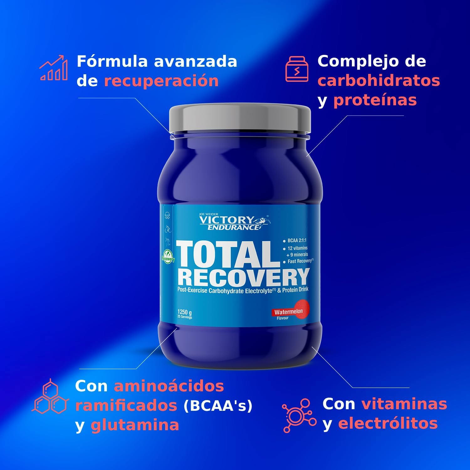 Victory Endurance Total Recovery (1250 g) sabor melancia, preparado para beber pós-treino de hidratos e proteínas, com BCAA 2:1:1, 12 vitaminas e 9 minerais, recuperação rápida