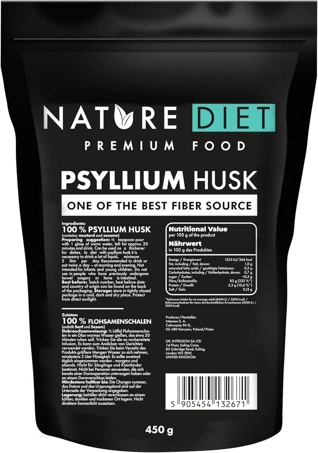 Nature Diet Casca de Psyllium 450 g | Alto em fibra, vegano, sem glúten e sem lactose, para dieta Keto & Low-Carb, ideal para bebidas e receitas
