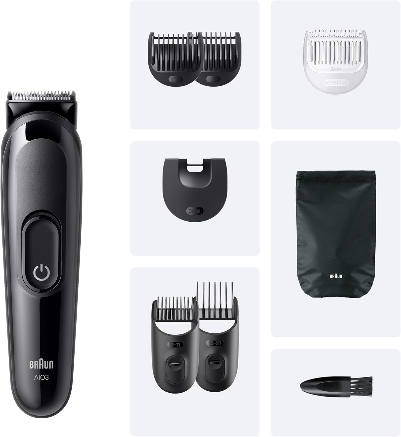 Braun Aparador tudo em um série 3 AIO3545, kit de Styling 8 em 1 para barba e cabelo, 14 comprimentos, máquina de cortar cabelo com 50 min de automonomia, corta-pelos homem, corte fácil e rápido,