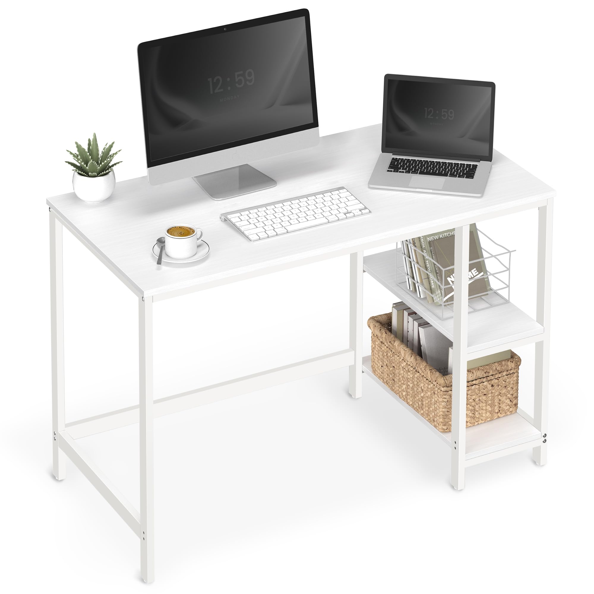 VASAGLE Secretária, mesa de computador, com 2 prateleiras à esquerda ou à direita, para escritório, quarto, estrutura de aço, industrial, castanho rústico e preto LWD47X