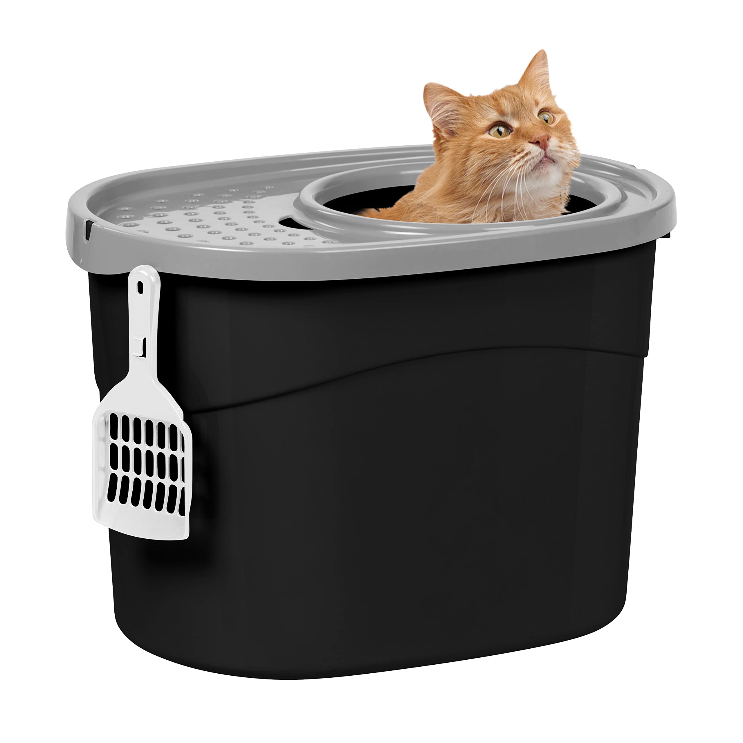 Iris Ohyama Areneiro de gato coberto com pá, até 7 kg, cinzento/branco, caixa de areia para gatos, caixa, para gatos grandes e pequenos, fechado, caça-louças, WC, livre de BPA, Cat Litter Box, TECL-20