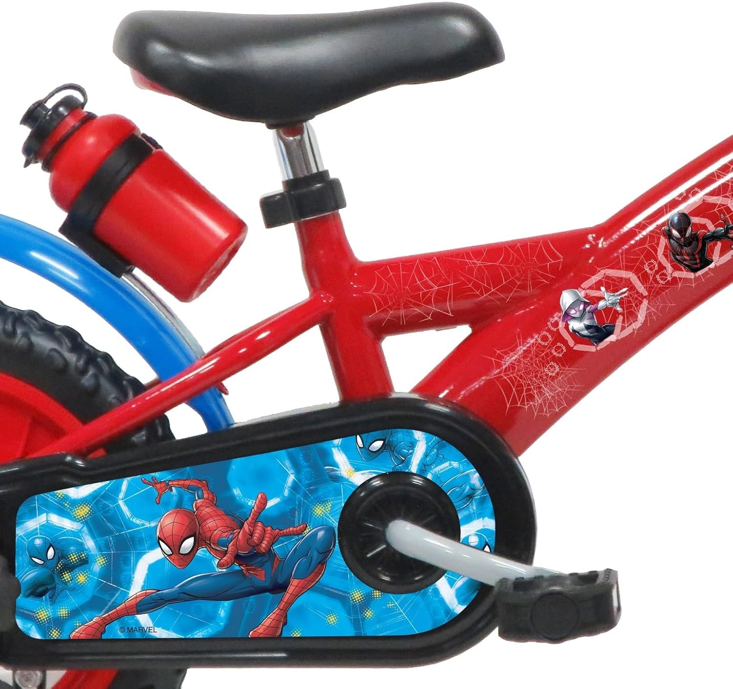 A.T.L.A.S. Bicicleta de 12 polegadas equipada com 1 travão, placa frontal decorativa, guarda-lamas, cárter, estabilizadores e capacete Spiderman incluído na frente, crianças, vermelho idêntico às
