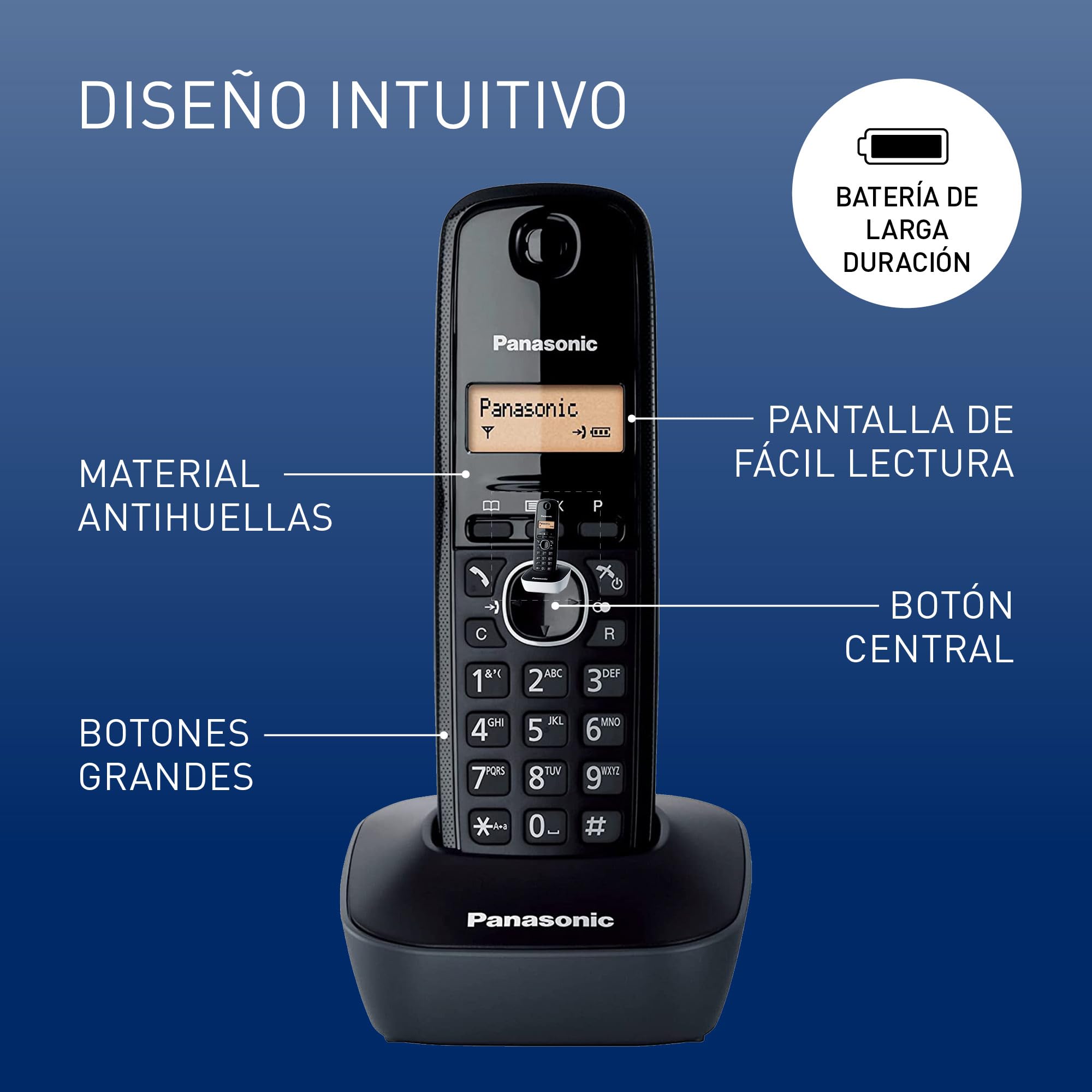 Panasonic KX-TG1611SPH - Telefone fixo sem fio DECT, LCD, identificador de chamadas, agenda para 50 números, tecla de navegação, alarme, relógio, cor preta