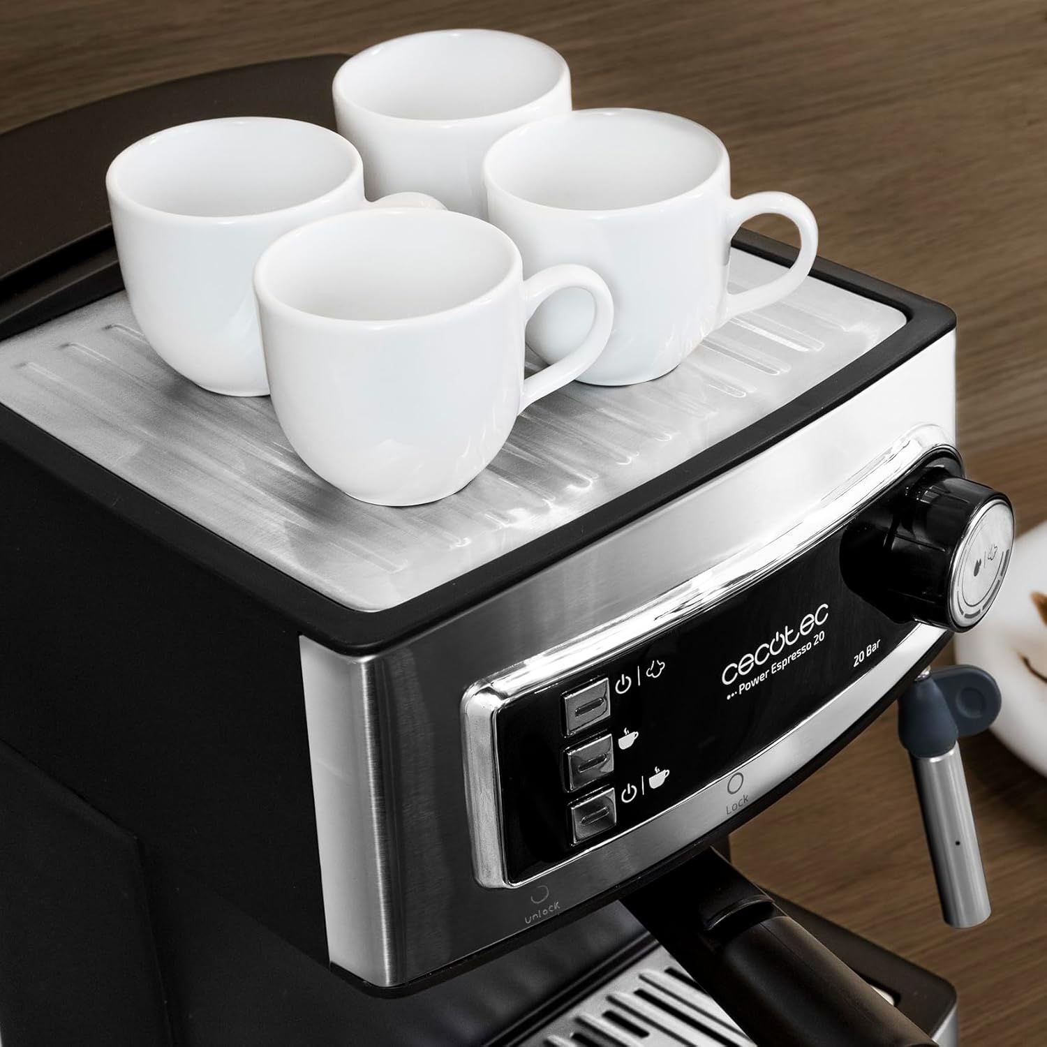 Cecotec Cafeteira Express manual Power Espresso 20 Essential. 850W, 20 bares, vaporizador orientável, braço de saída dupla, depósito de água 1,5 l, superfície de aquecimento, limpeza fácil