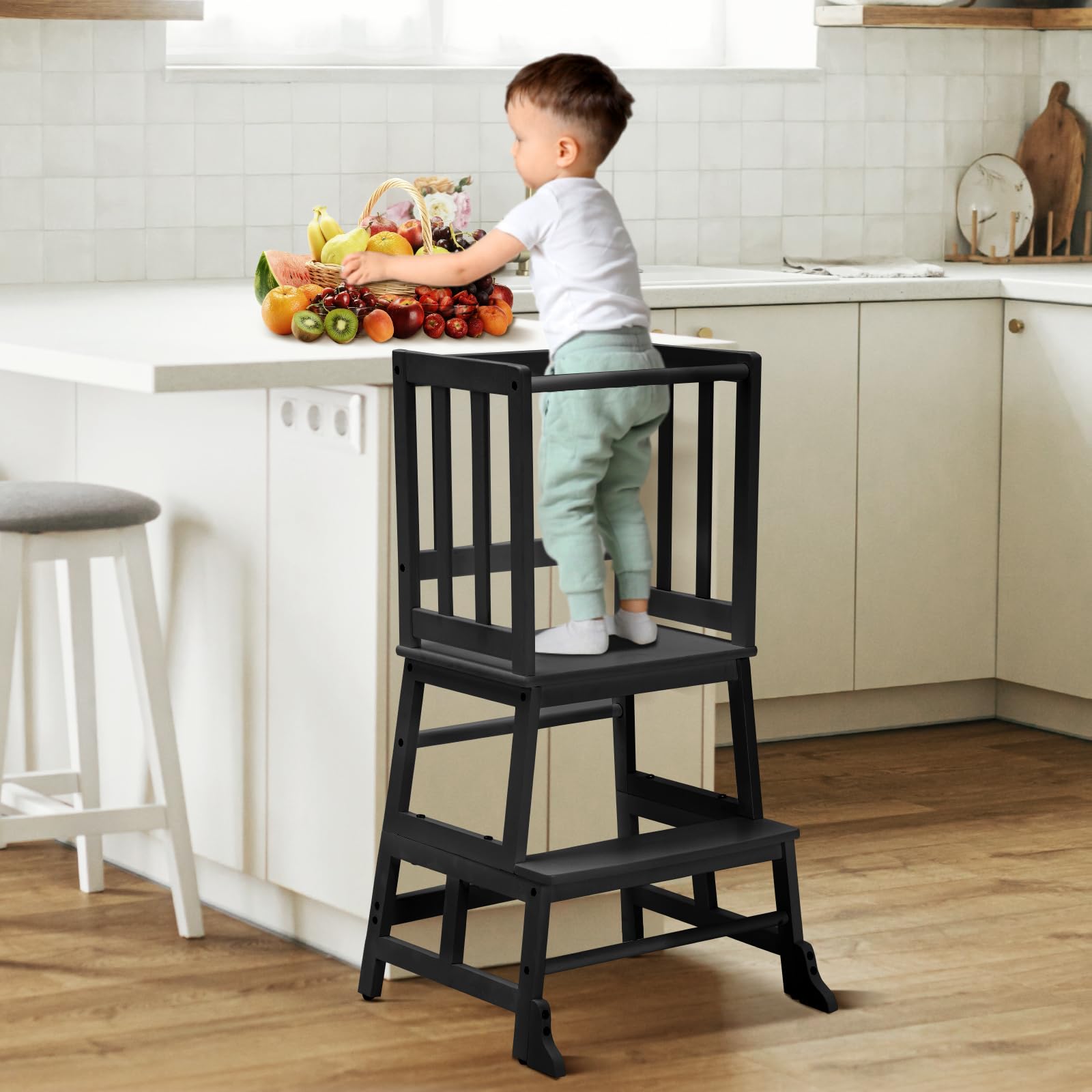 COSYLAND Torre de aprendizagem desde 18 meses - torre de aprendizagem para crianças - proteção anti-virar e barra de segurança - para casa de banho, quarto infantil e cozinha - cor bambu