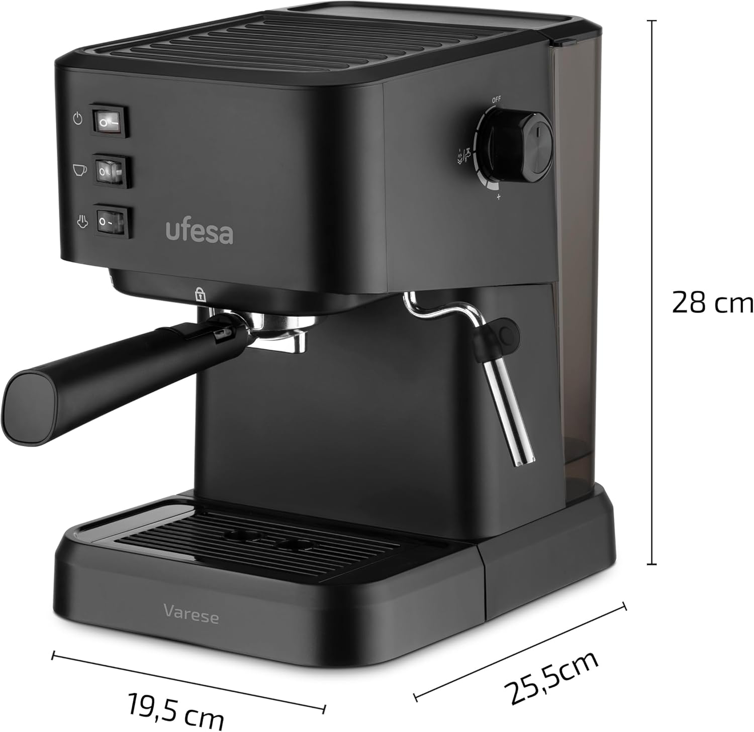 Ufesa Varese Cafetera Compacta Espresso y Capuccino, 1050W, Vaporizador Orientable, 20 Bares, 1 o 2 Cafés, Depósito 1.5L, Función Calienta Tazas