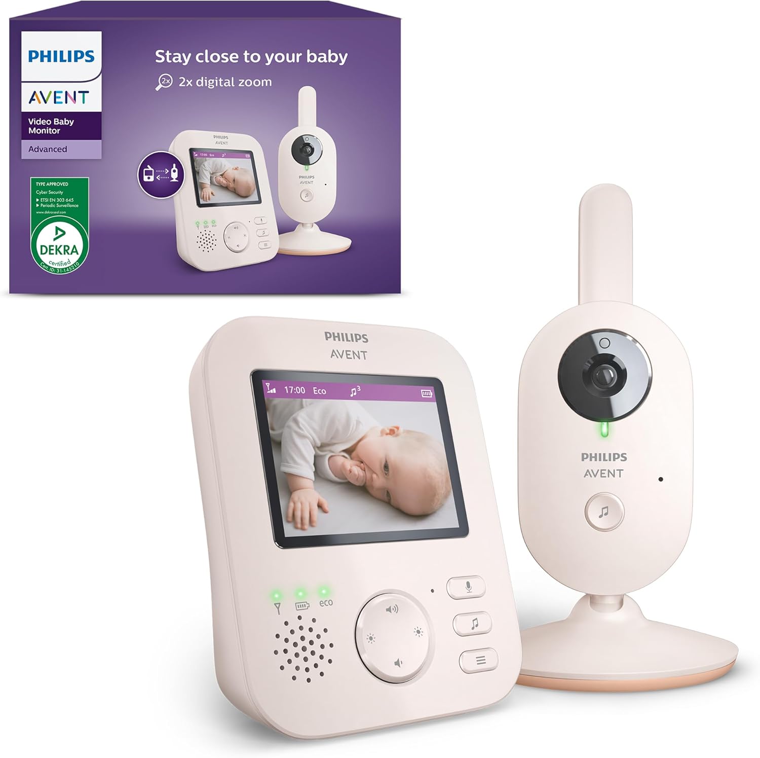 Philips Avent Vigilante para bebés com vídeo: Certificado DEKRA, privado e seguro com câmara e áudio, com ecrã de 2,8", Zoom 2X, visão noturna, áudio bidirecional e nanas, SCD881/26