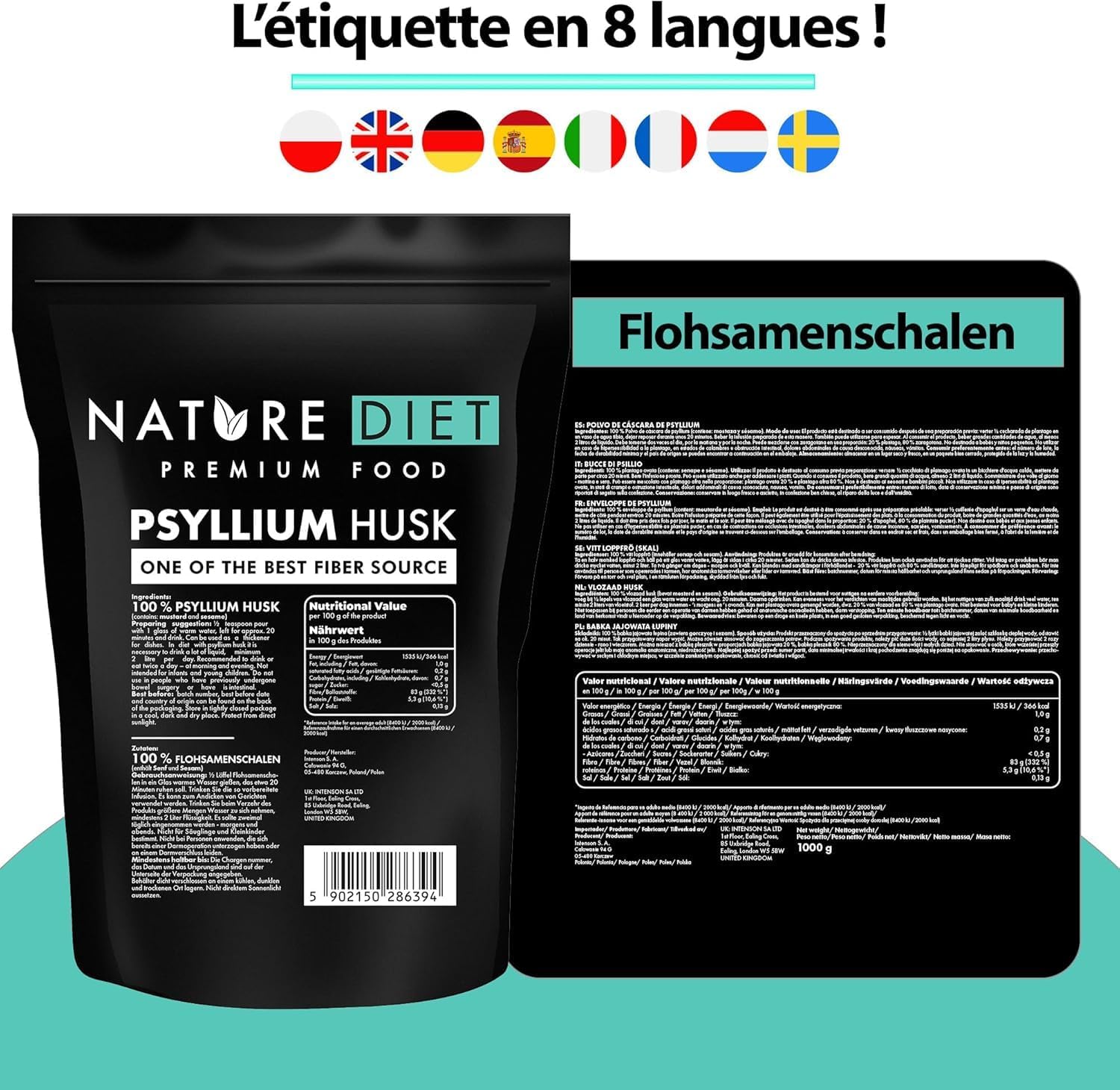 Nature Diet Casca de Psyllium 450 g | Alto em fibra, vegano, sem glúten e sem lactose, para dieta Keto & Low-Carb, ideal para bebidas e receitas