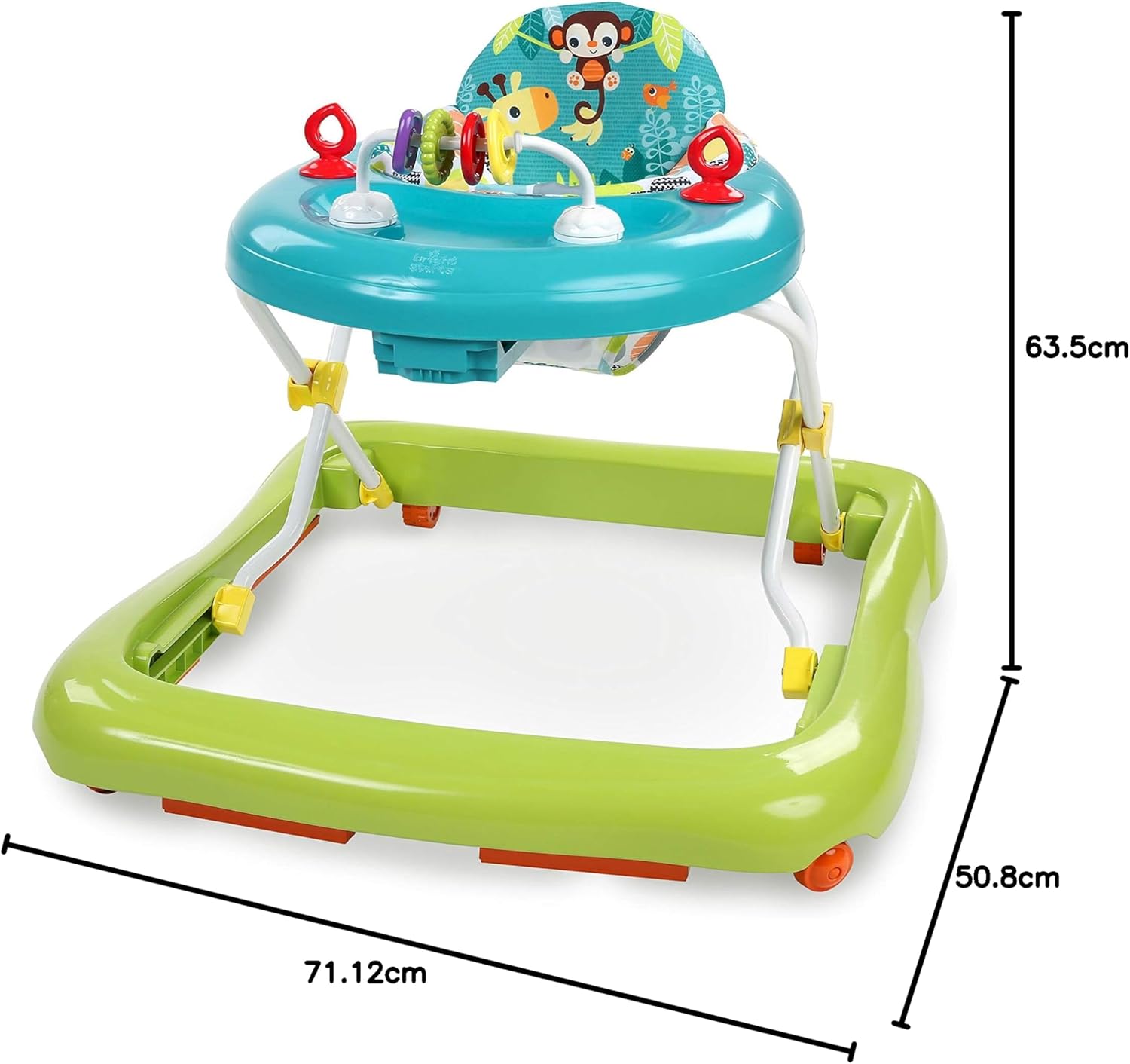 Bright Starts, Andador de primeiros passos dobrável para bebés Giggling Safari, brinquedo ábaco divertido e colorido, altura ajustável, assento removível, lavável na máquina, a partir dos 6 meses