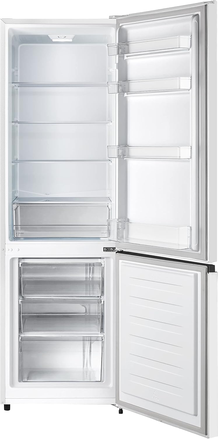 Hisense RB343D4CWE Frigoríficos Combi, 269 L, classe E, 55 cm x 180 cm, abertura de portas de 90º, porta reversível, gavetas frutas e legumes, iluminação LED, varanda de grande capacidade, branco