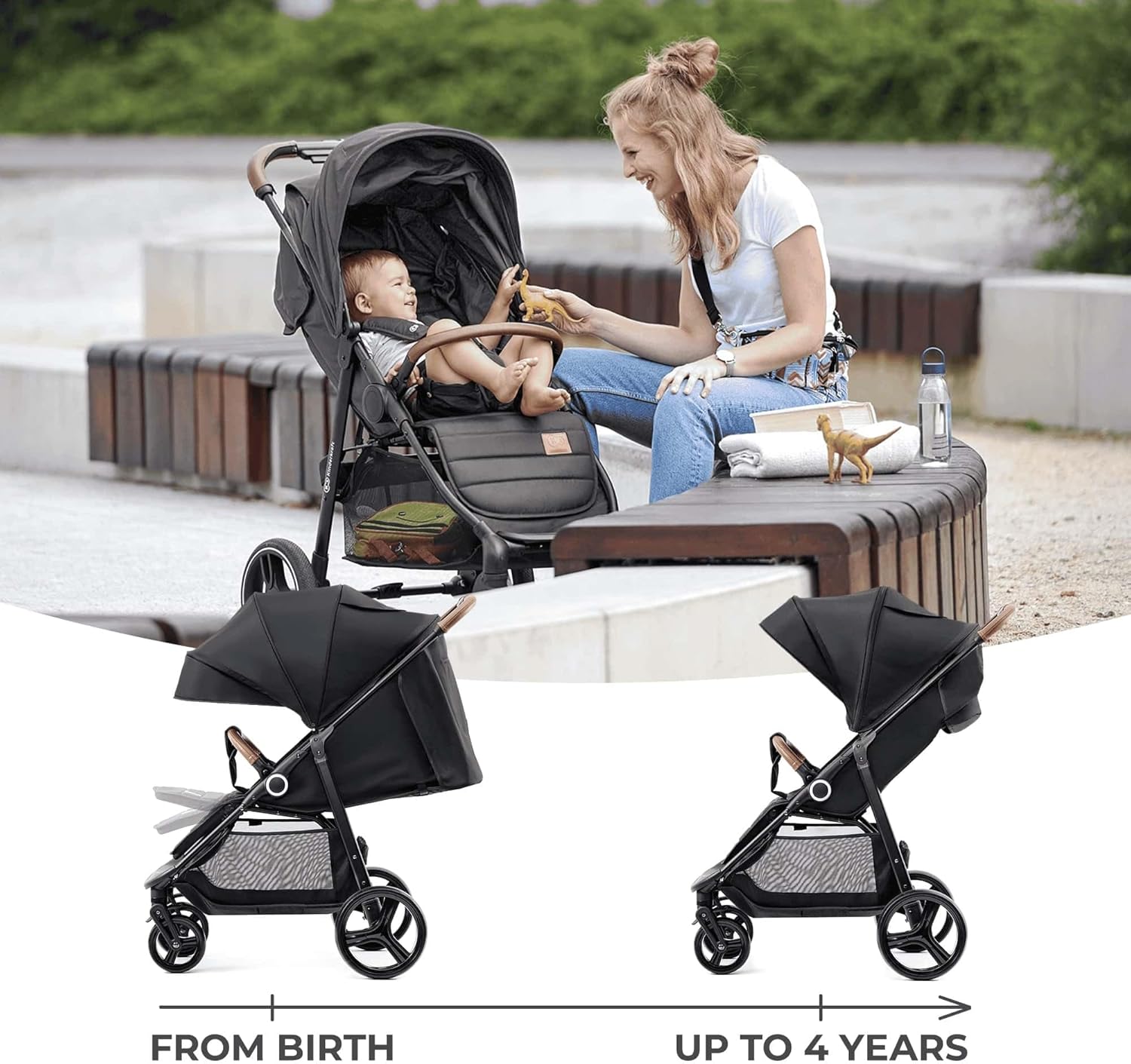 kk Kinderkraft GRANDE PLUS Silla de Paseo ligera desde Nacimiento hasta 22 kg, Plegado con una sola mano, Posición tumbada, Suspensión de todas ruedas, Capota grande XL, Negro