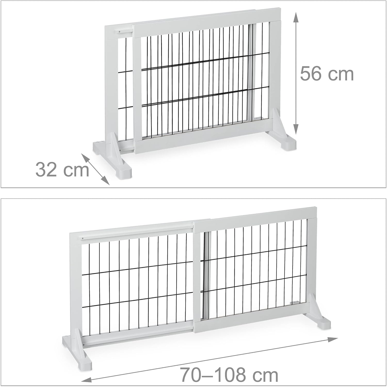 Relaxdays Barreira de segurança crianças e cães, cerca protetora para porta ou escada, sem perfuração, 56 x 70 - 115 cm, branco, madeira