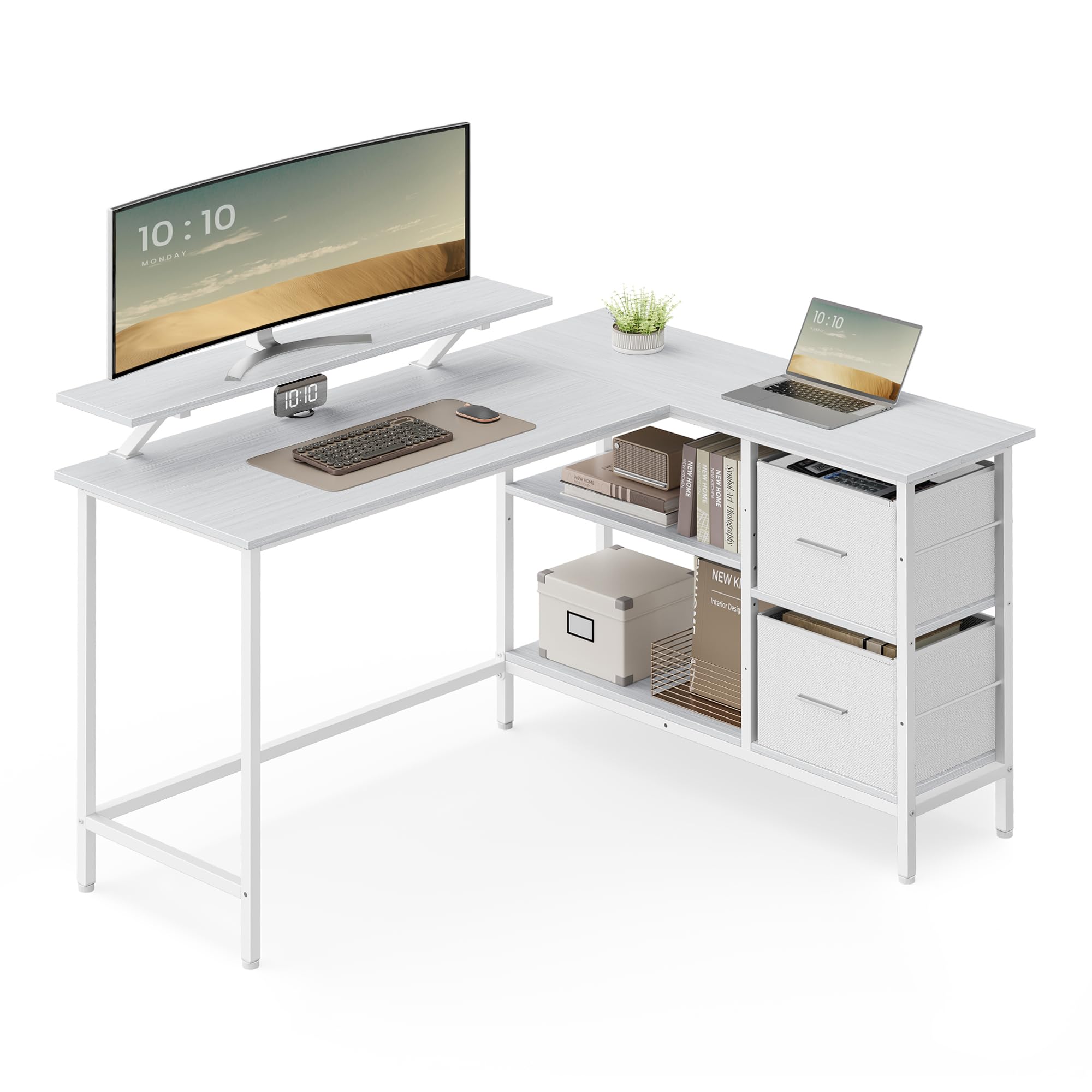 VASAGLE Escritorio en Forma de L, Esquinero, con 2 Amplios Cajones, Mesa con Soporte para Monitor, para Esquina, con Estante Ajustable, para Oficina Casa, Blanco Arce LWD097W01
