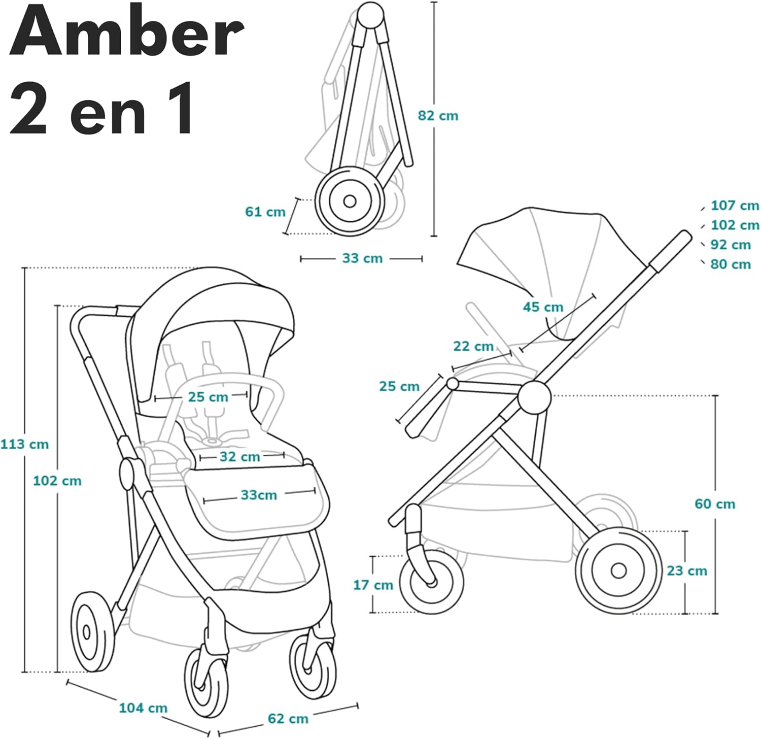 LIONELO Amber Carro de bebé multifuncional 2 em 1 conjunto carrinho de passeio com assento de cubo e tampa guiador ajustável bolsa mosquiteira protetor de chuva