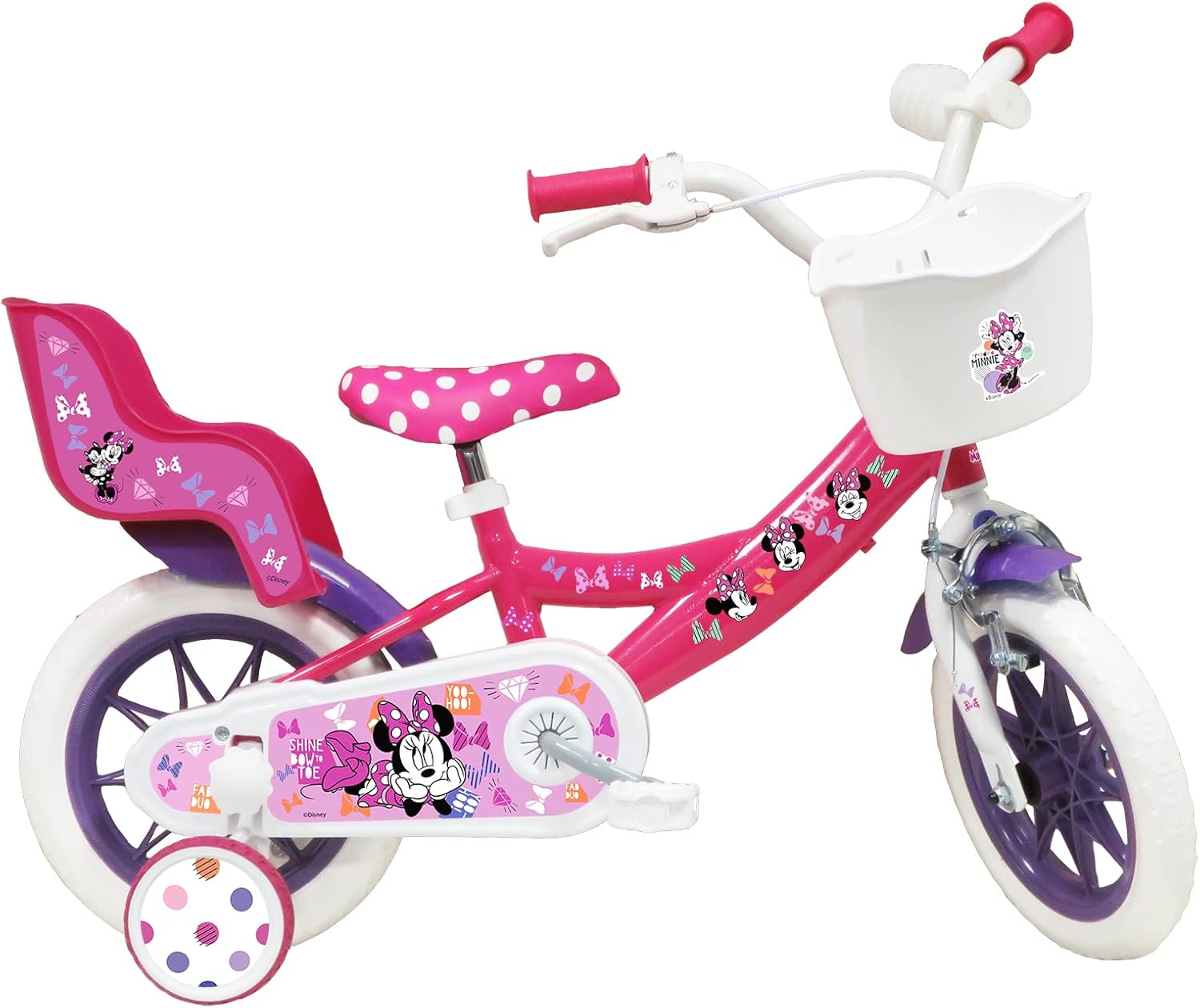 A.T.L.A.S. Bicicleta Infantil de 12 Pulgadas Minnie de Disney Equipada con 1 Freno, Cesta Delantera, Soporte para muñeca Trasera, Guardabarros + Casco Incluido niña, Niñas, Rosa, 12''