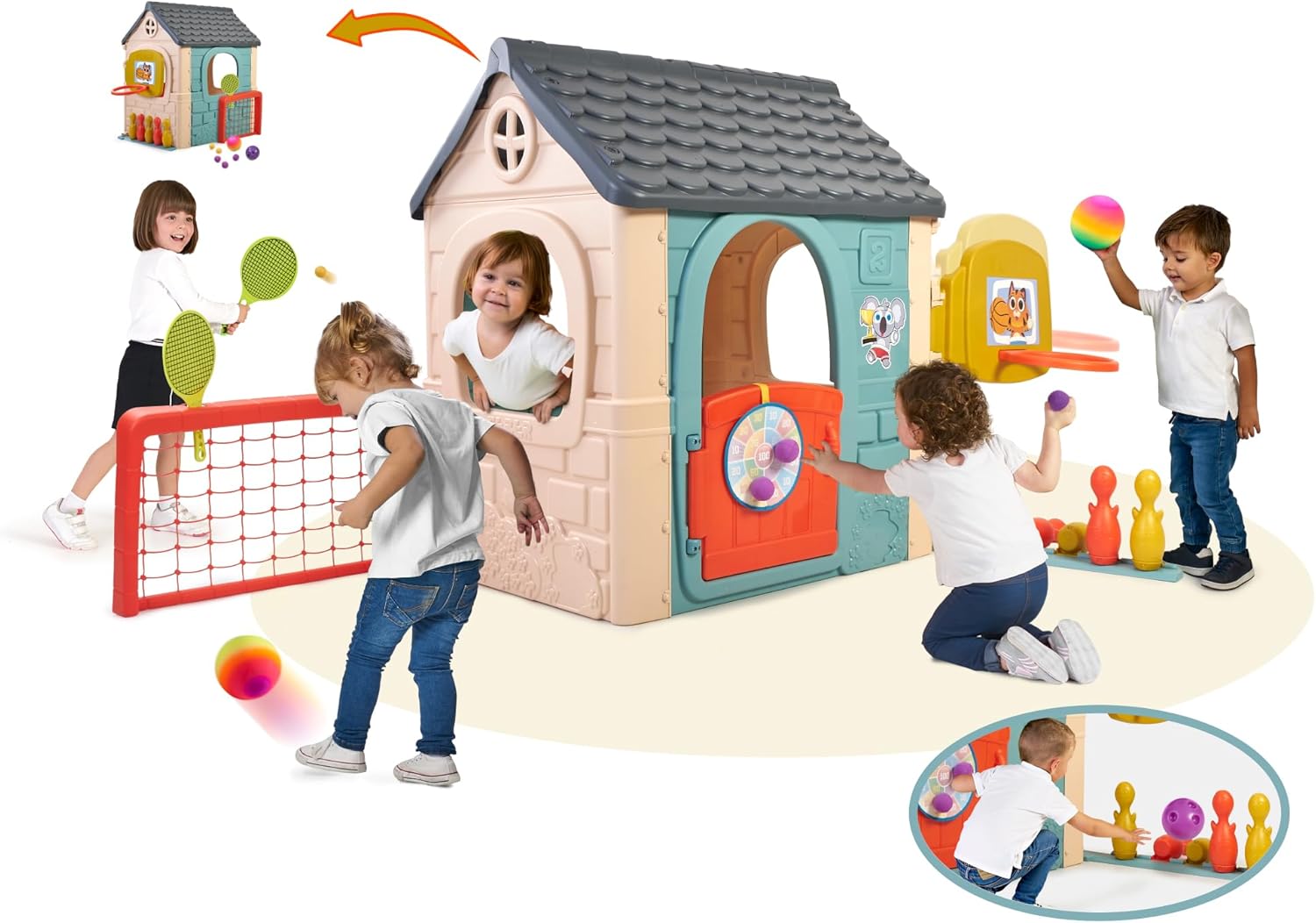 FEBER - Casual 6 Activities House, Casa con 6 Actividades de Juego, Accesorios Incluidos para los Juegos, Colores Resistentes a la Luz Solar, Montaje Fácil, A Partir de 3 años, Famosa (FEH23000)