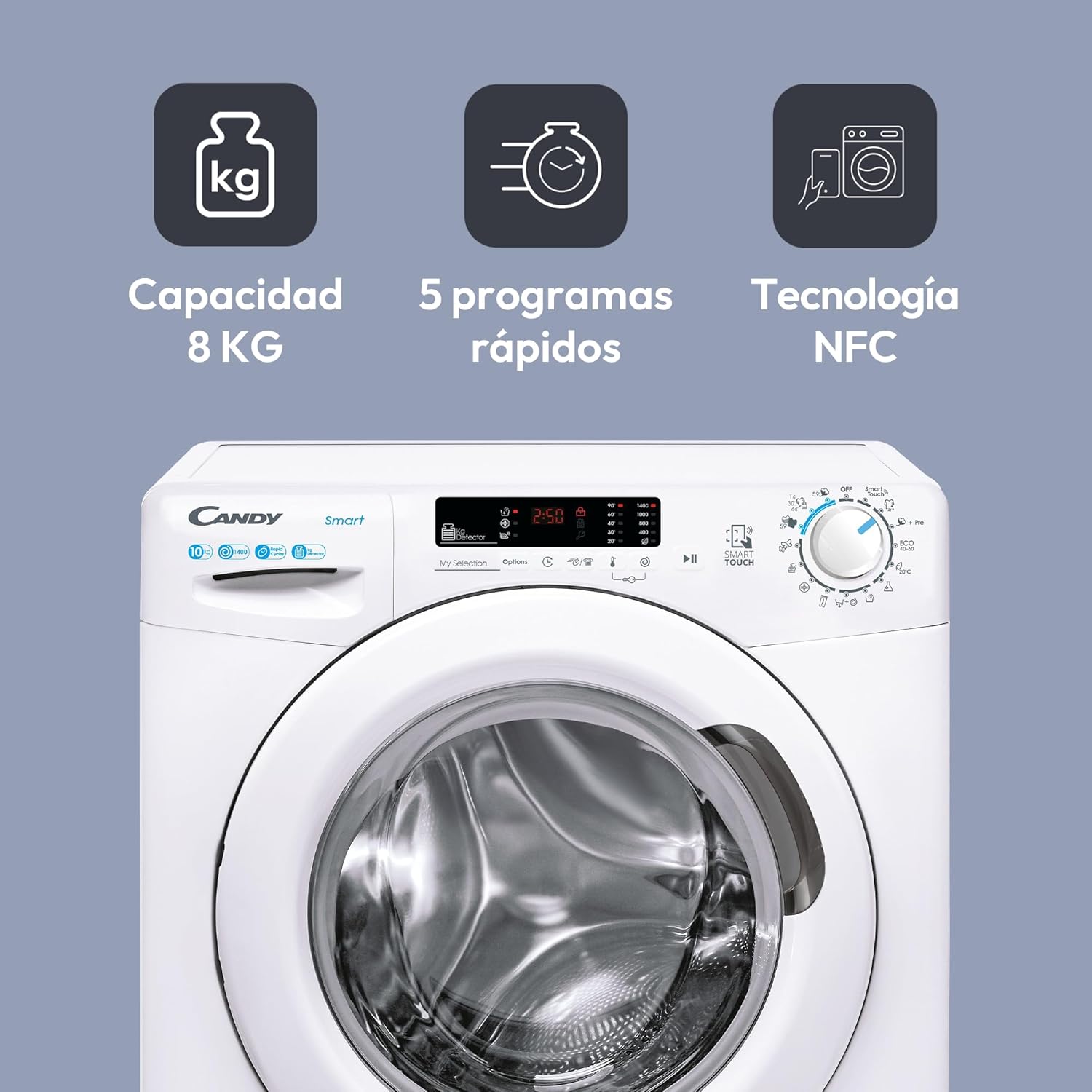 Candy Smart CS 14102DE/1-S, Lavadora 10 KG, 1400 RPM, Pantalla Digital y Mando, Tecnología NFC, Asistente de Voz, 15 Ciclos, 5 Rápidos, Planchado Fácil, Inicio Diferido 24H, Detector KG, 81 DB, Blanco