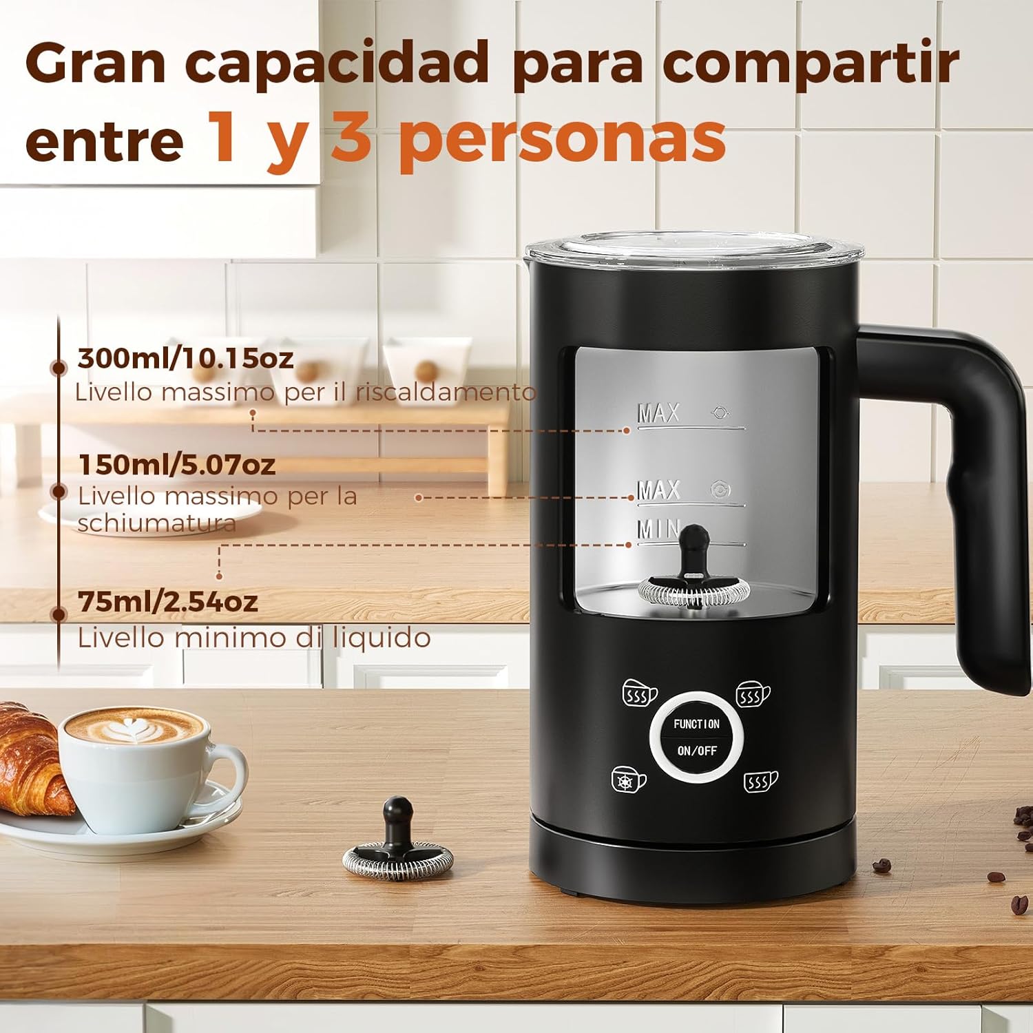 YASHE 4 em 1 Espumador e aquecedor de leite elétrico 500 W, 300 ml para espuma quente / fria, ideal para café, capuchinho, latte, macarrão, silencioso, revestimento anti-aderente, fácil limpeza