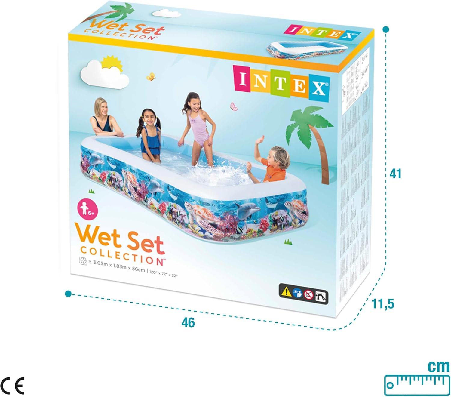 Intex Piscina Hinchable Grande diseño océano, 305x183x56 cm, 1050 litros, 3 cámaras de Aire, Tapón de desagüe, Vinilo Resistente, Uso Exterior, Ideal jardín y Verano, Parche Incluido, +6 años (58485)