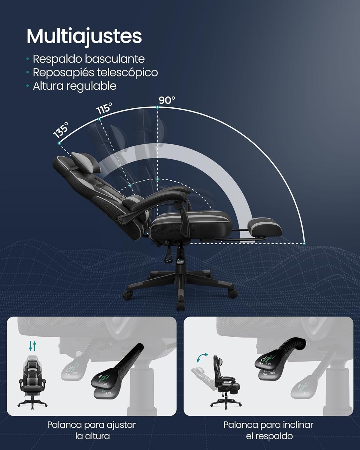 SONGMICS Cadeira de escritório, cadeira de jogos ergonómica, com apoio para os pés telescópico, encosto ajustável, apoio de cabeça e suporte lombar, carga de 150 kg, tinta preta e cinzento pombo