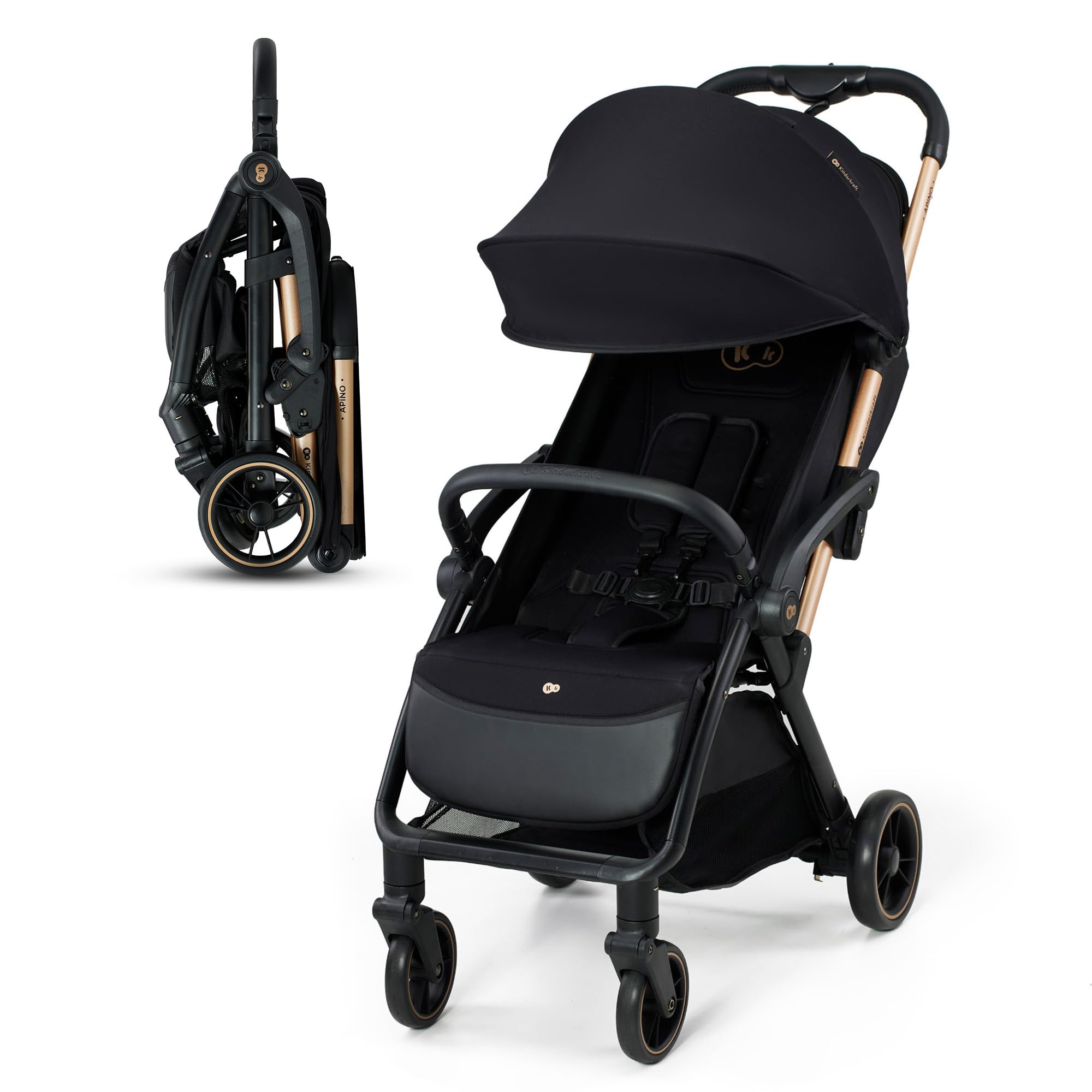 Kinderkraft APINO Cadeira de passeio para bebé, carrinho, carrinho de bebé, carro FOLDING, dobrável automático, posição reclinada, posição deitada, leve, 7,5 g, impermeável, carga máxima 24 kg, preto