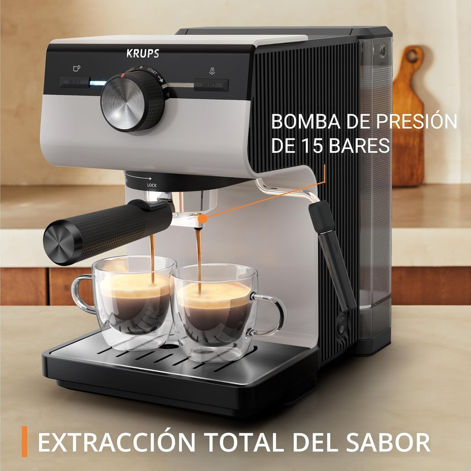 Krups Cafeteira expresso manual, autêntico, 15 barras de pressão, espumador de leite, ajuste manual, colher de medição e compactador, depósito de 2 l de capacidade, Inox, XP381B