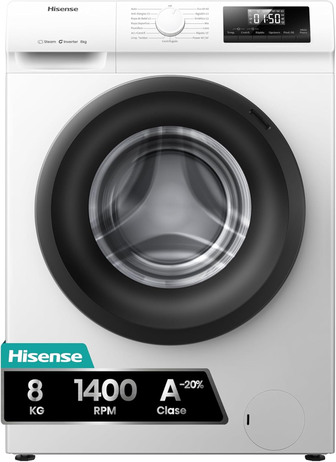 Hisense WF1Q8041BW2 - Máquina de lavar roupa, classe A, 8 kg, 1400 rpm, altura 85 cm x largura 60 cm, branco, função de vapor 99,9%, lavagem rápida, lavagem automática, conclusão diferida, Tecnologia