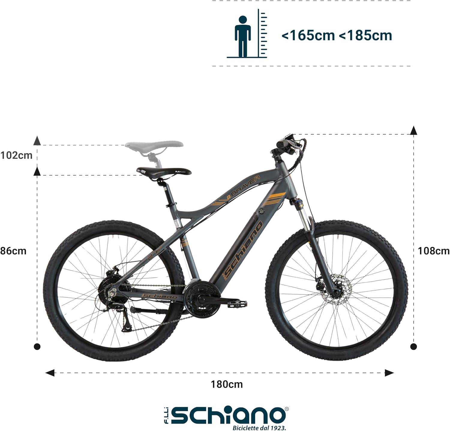 F.lli Schiano Braver, bicicleta elétrica MTB, 27,5", bateria de 36 V de 11,6 Ah removível, motor 250 W, 50 Nm, bicicleta elétrica de montanha, unissexo para adultos, cinzento