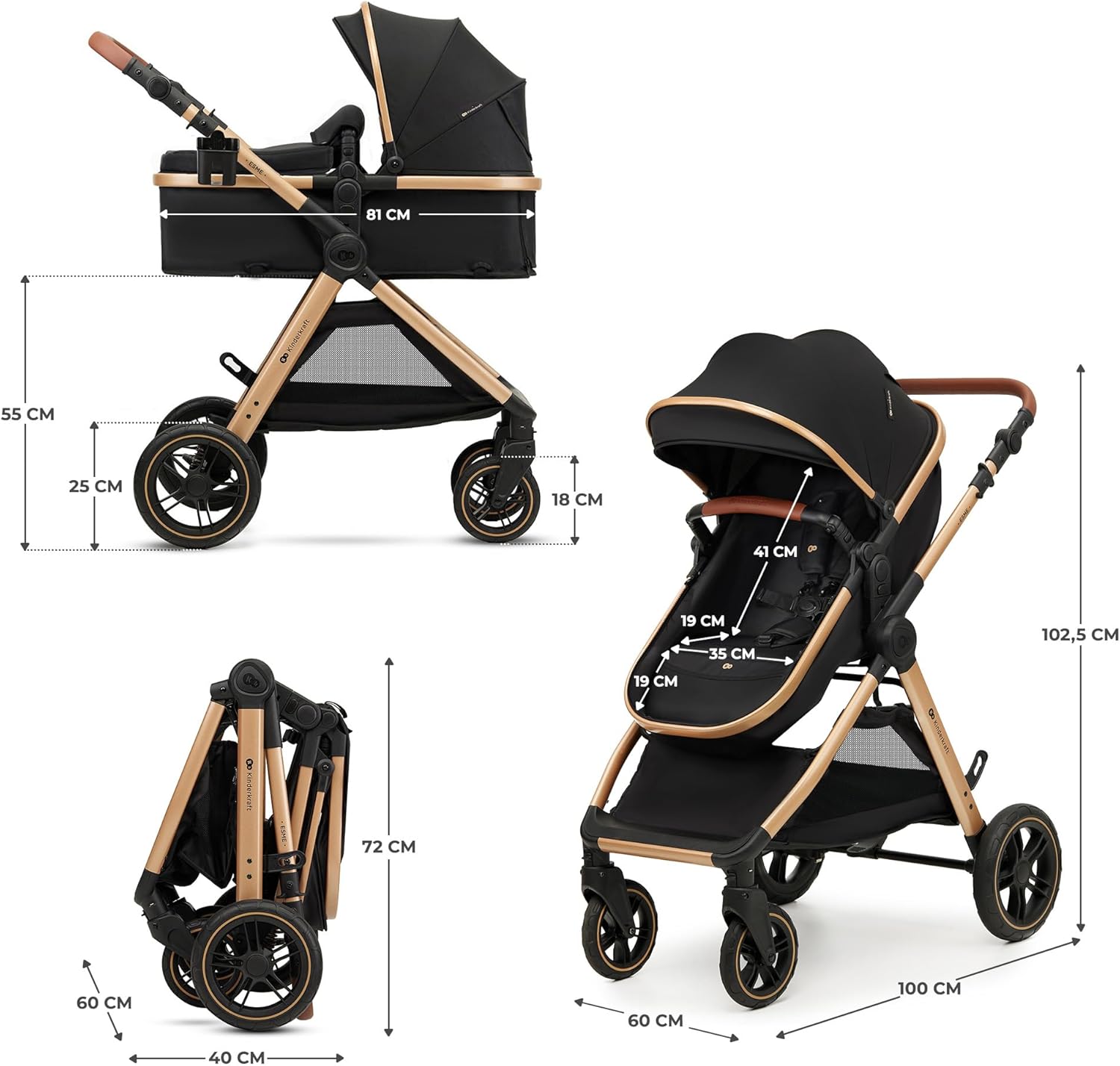 Kinderkraft ESME Cadeira de carro 3 em 1 conjunto, com porta-bebés Mink PRO I-Size, sistema de viagem, carrinho para bebé, carrinho, dobrável, para recém-nascido até 4 anos, preto