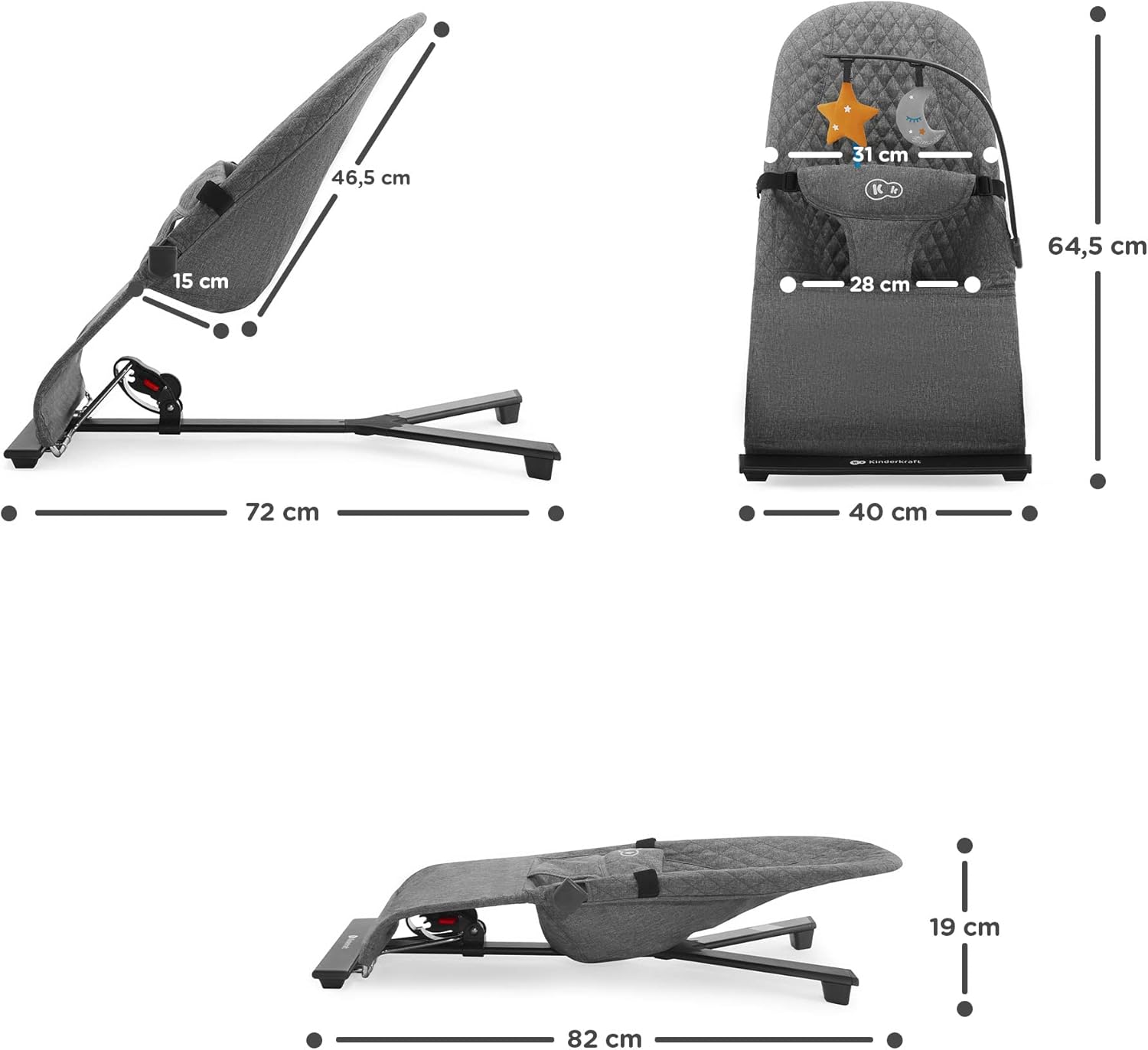 kk Kinderkraft MIMI Rede de bebé desde o nascimento, balança para bebés, dobrável compacto, reutilizável com uma mão, movimento natural, arco com brinquedos, fácil de limpar, cinzento