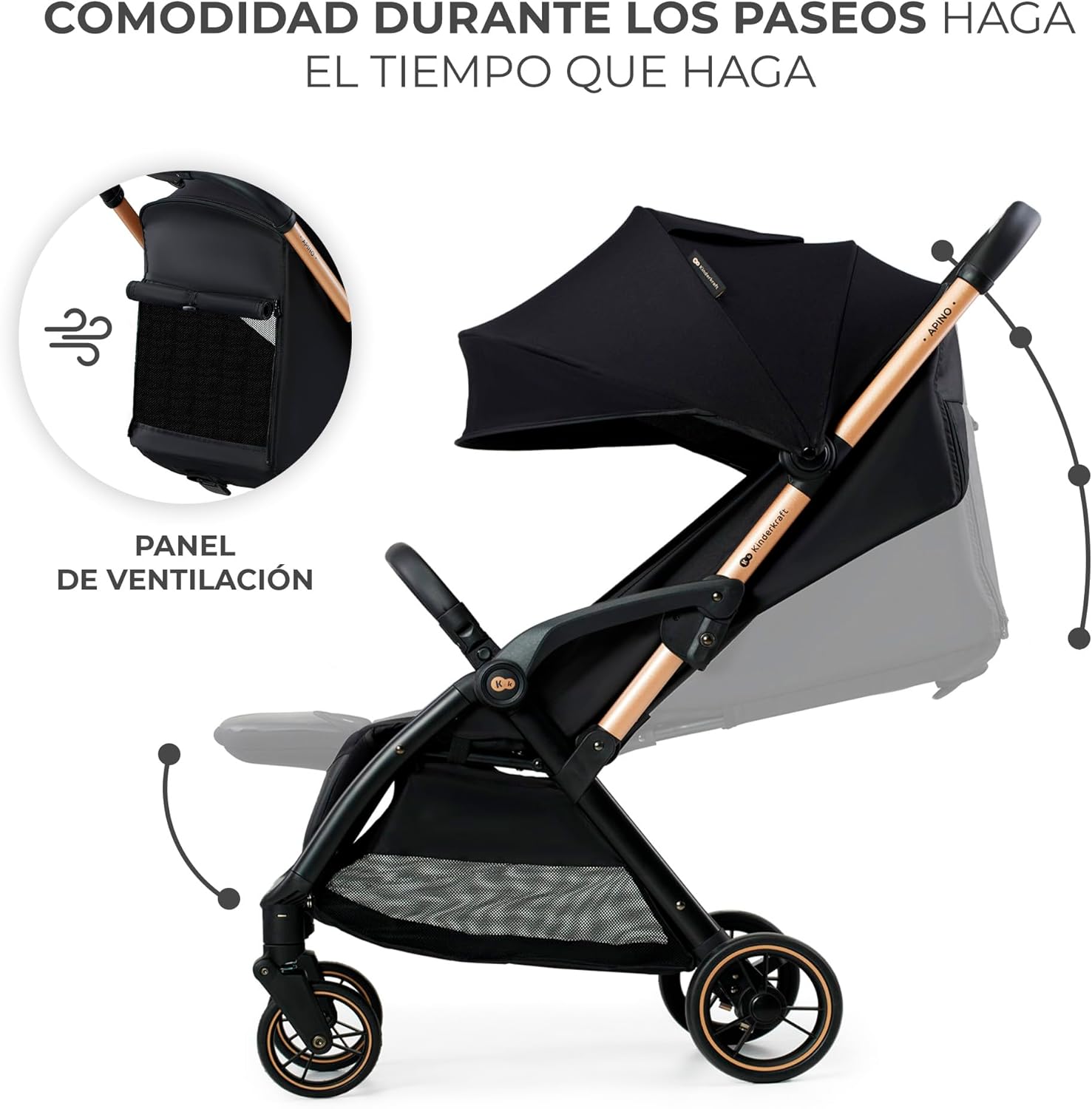 Kinderkraft APINO Cadeira de passeio para bebé, carrinho, carrinho de bebé, carro FOLDING, dobrável automático, posição reclinada, posição deitada, leve, 7,5 g, impermeável, carga máxima 24 kg, preto
