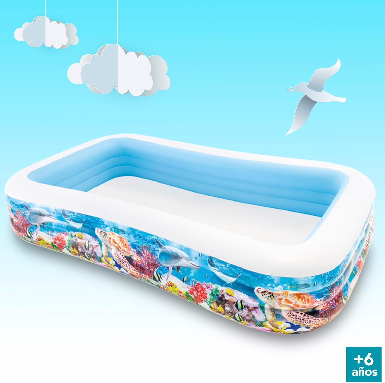 Intex Piscina Hinchable Grande diseño océano, 305x183x56 cm, 1050 litros, 3 cámaras de Aire, Tapón de desagüe, Vinilo Resistente, Uso Exterior, Ideal jardín y Verano, Parche Incluido, +6 años (58485)