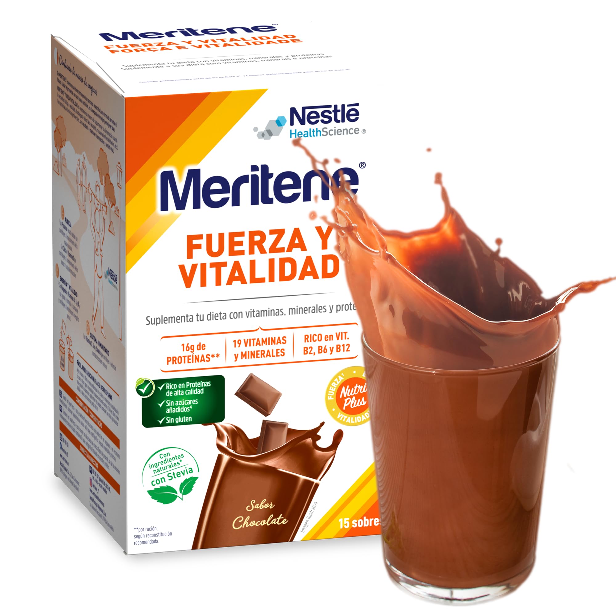 Meritene | Fuerza y Vitalidad | Batidos Sabor Vainilla | Fuerza para tus Músculos, Vitalidad para ti | Solución Nutricional para Adultos con Proteínas, Vitaminas y Minerales | 15 Sobres | 450 gr
