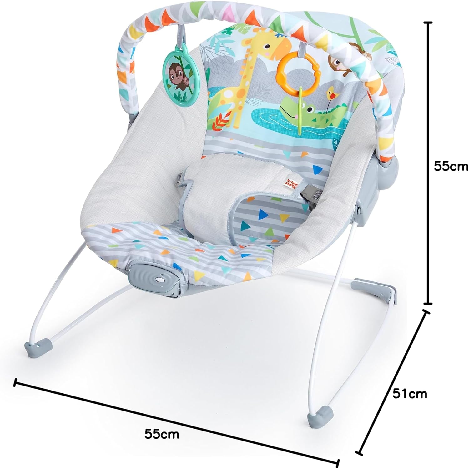 Bright Starts - Vibrador de assento infantil - barra de brinquedos removível, pés antiderrapantes, 0-6 meses a 9 kg (Safari Fun)
