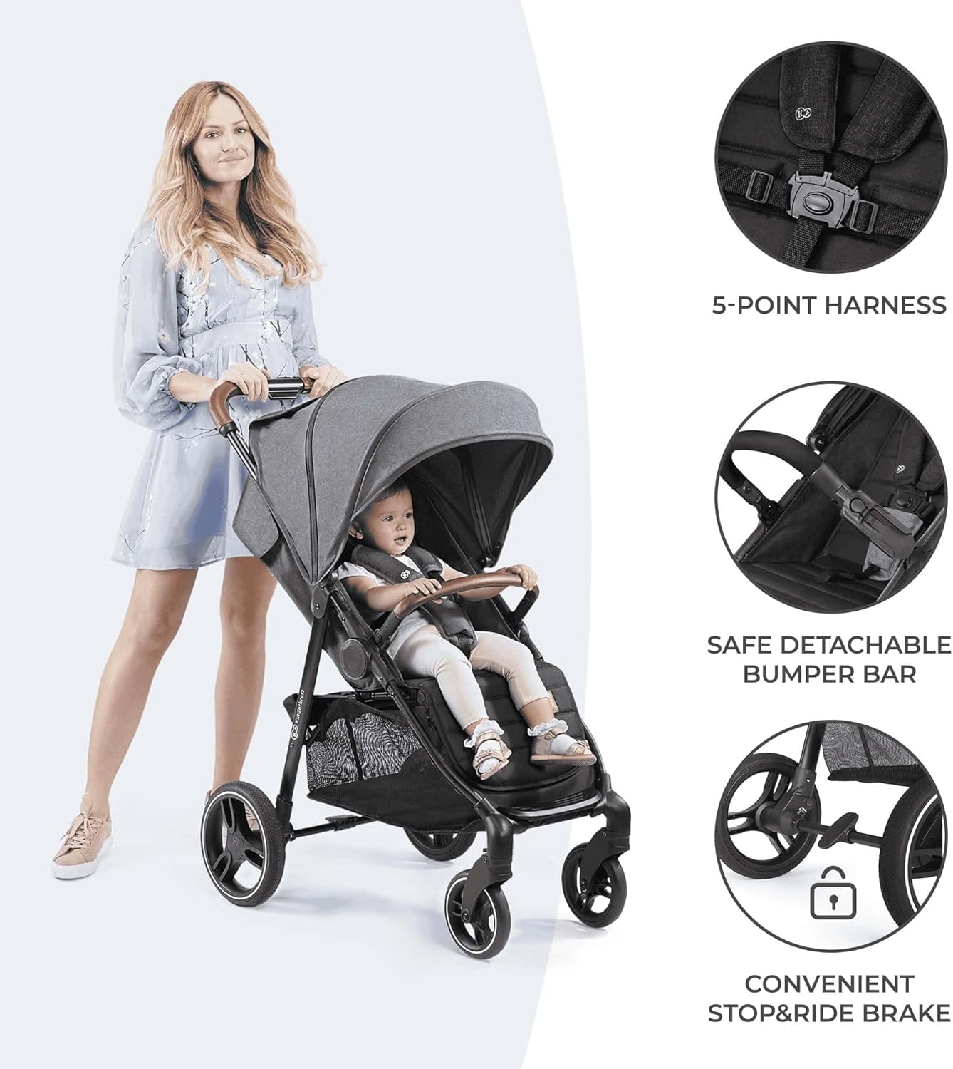 kk Kinderkraft GRANDE PLUS Silla de Paseo ligera desde Nacimiento hasta 22 kg, Plegado con una sola mano, Posición tumbada, Suspensión de todas ruedas, Capota grande XL, Negro