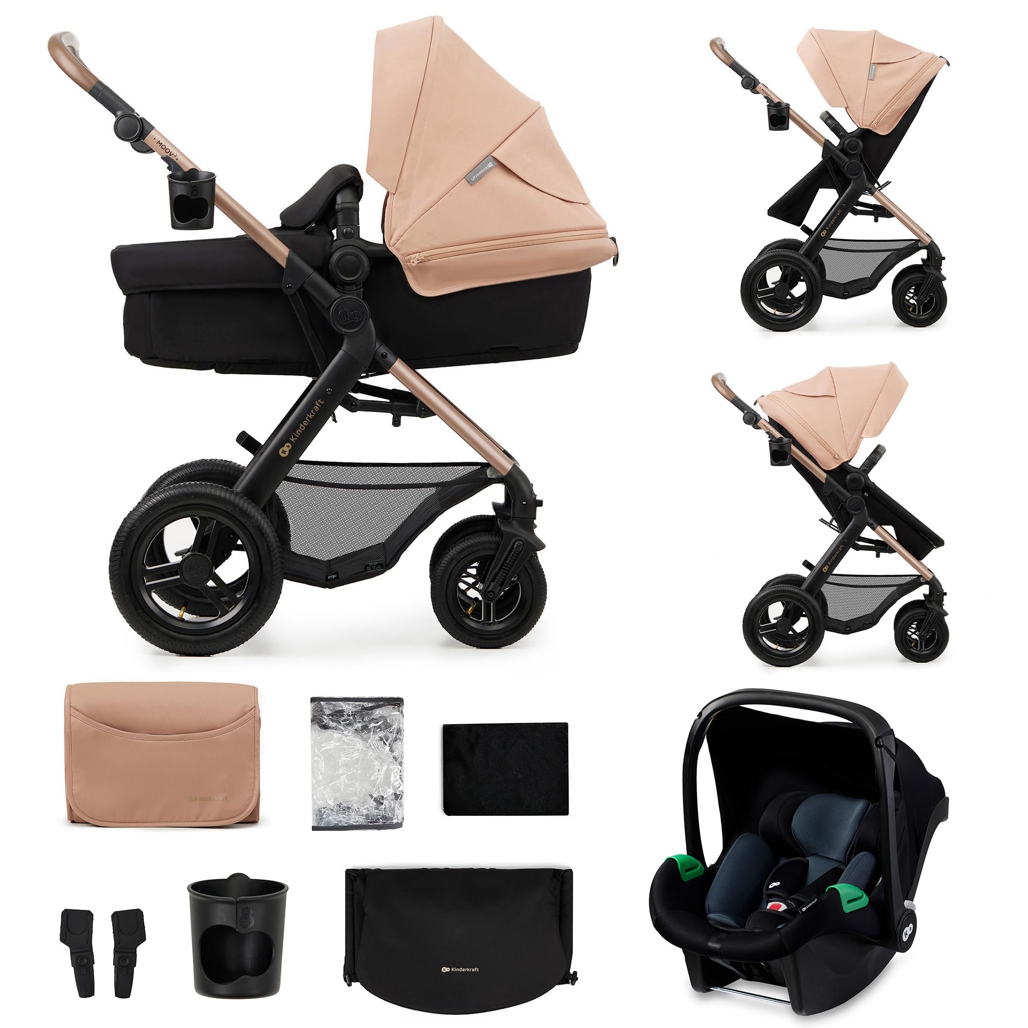 Kinderkraft MOOV2 Carrinho de bebé 3 em 1, EVA, Mink PRO I-Size, sistema de viagem, carrinho para bebé, carrinho de passeio, dobrável, para recém-nascido, desde o nascimento até aos 3 anos, cinzento
