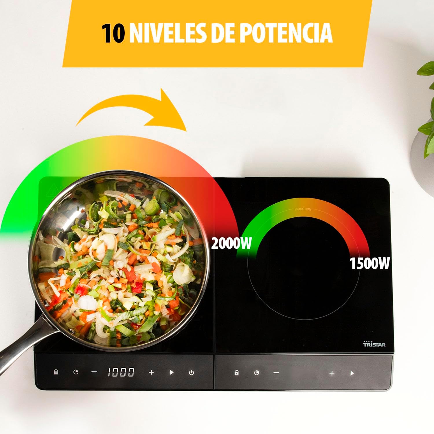 Tristar Placa de inducción doble, ⌀19 y ⌀16 cm, 10 niveles de potencia, 3500 W, de bajo consumo, temporizador integrado, con protección contra sobrecalentamiento, IK-6162