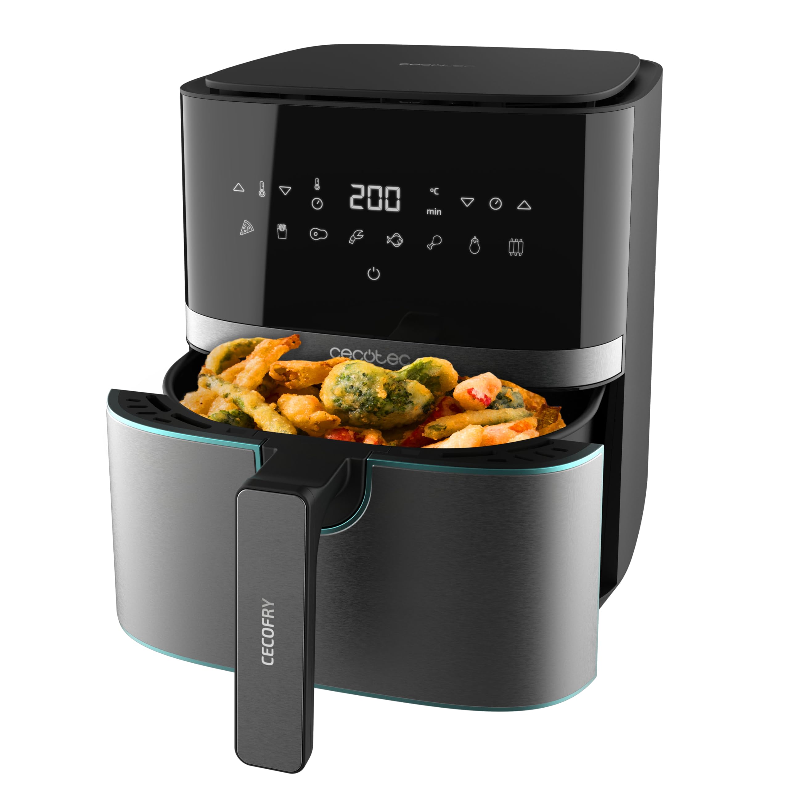 Cecotec Frigideira de ar sem óleo de 5,5 l, Air Fryer Cecofry Full Inox 5500 Pro, com acessórios. 1700 W, dietética e digital, tátil, acabamentos em aço inoxidável, 8 modos, pack de acessórios