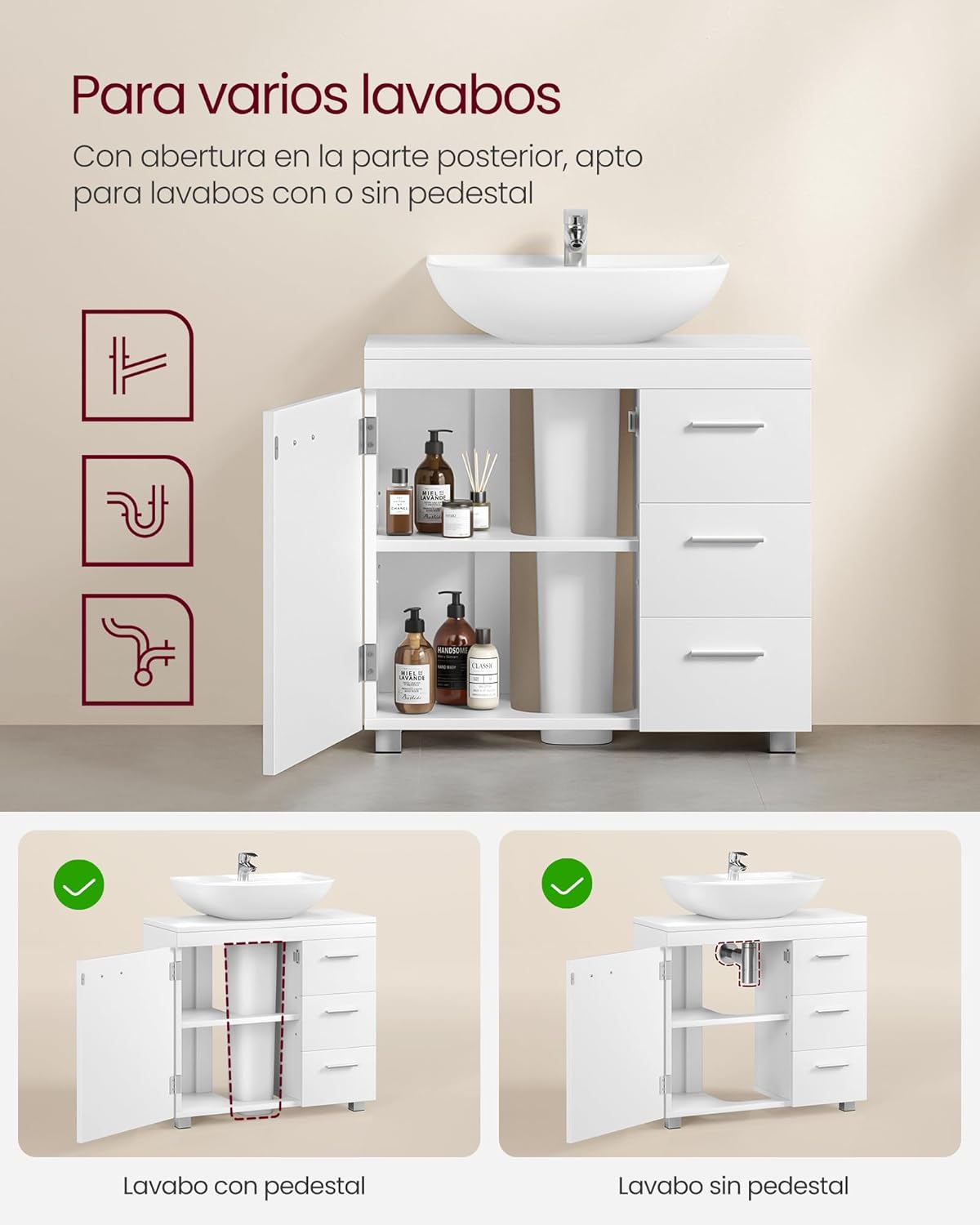 VASAGLE Móveis de lavatório baixo, armário de casa de banho, 3 gavetas, 2 compartimentos atrás da porta, adequado para lavatórios com pedestal, com pés, 30 x 70 x 64 cm, branca nuvem BBK504W01