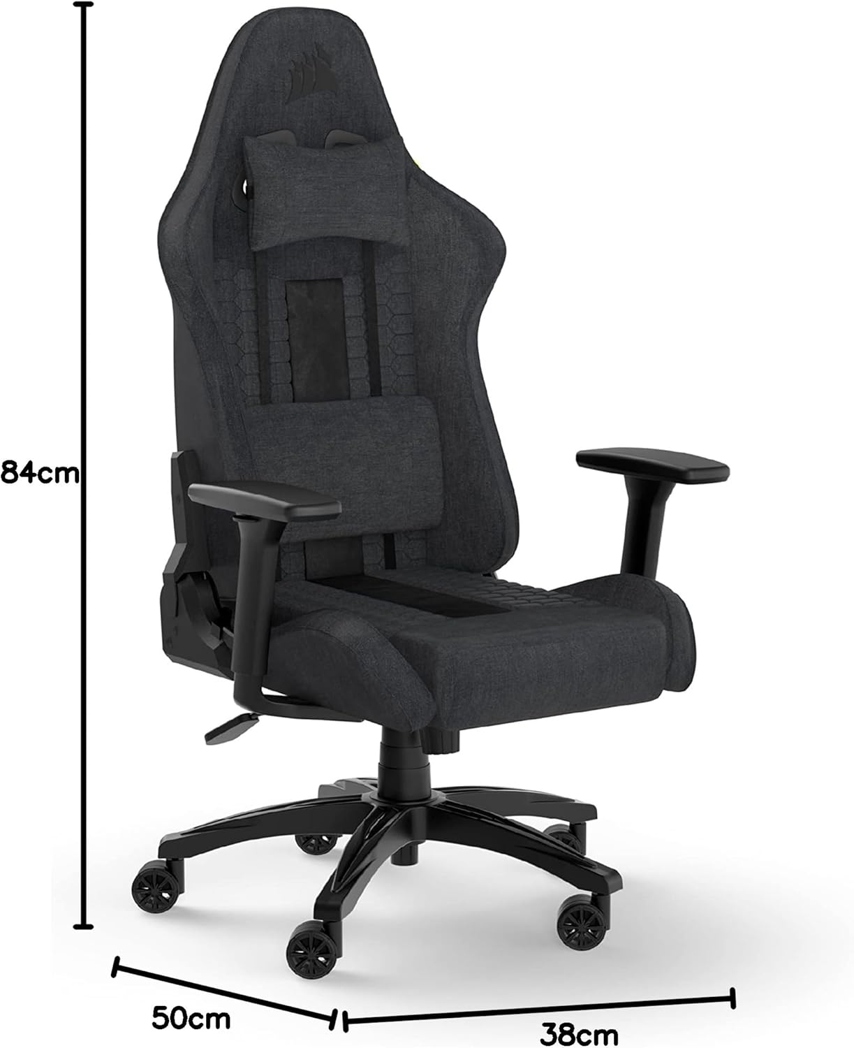 Corsair TC100 Cadeira relaxada para jogos - Fabric - design inspirado em corridas - almofada lombar - almofada cervical removível de espuma viscoelástico - apoios de braços ajustáveis - cinzento e