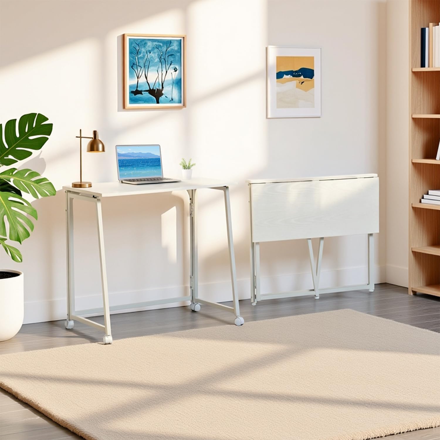 MEUBLE COSY Escritorio Plegable con Ruedas Mesa de Ordenador para Ahorrar Espacio Oficina Hogar Estudio, Estructura de Acero, Escandinavo, Montaje Sencillo, Blanco