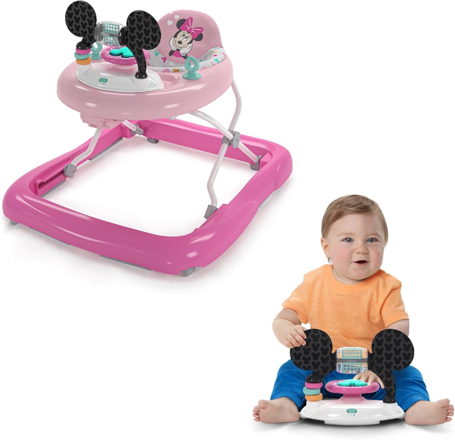 Bright Starts, Disney Baby Minnie Mouse, Tiny Trek, Forever Besties 2 em 1 andarilho com estação de jogos removível, luzes e músicas, altura ajustável, a partir dos 6 meses
