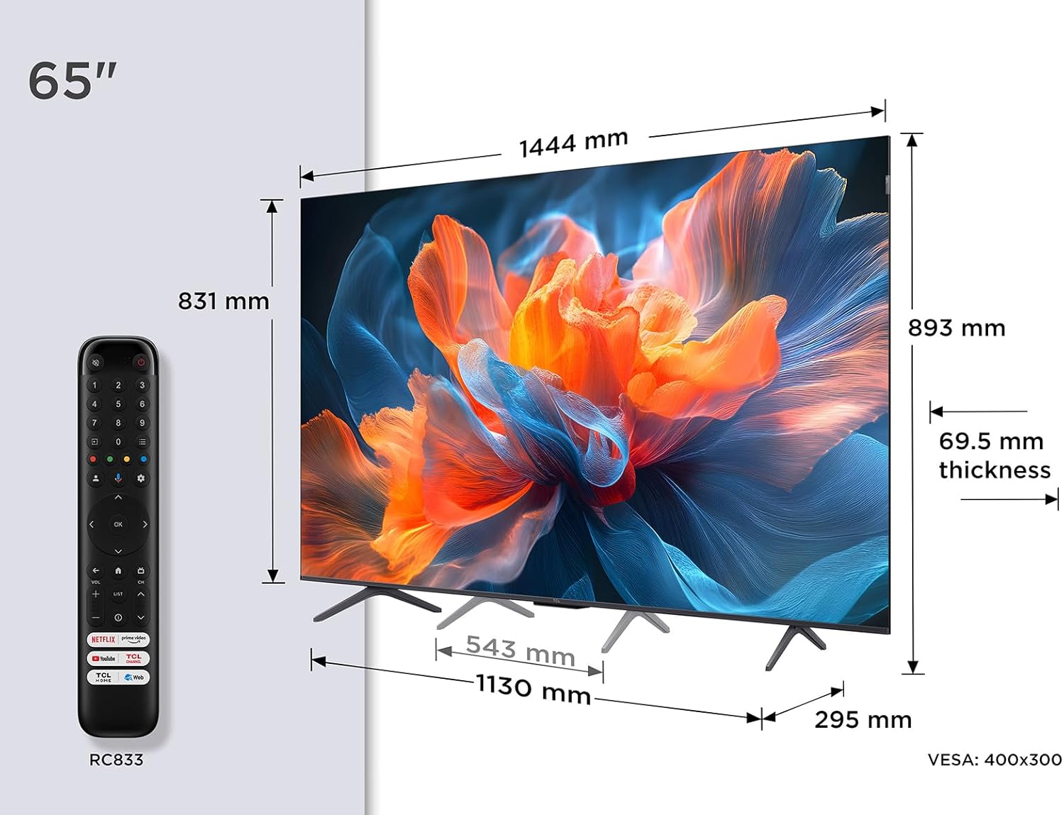 TCL 65T8C 65” QLED 4K 144Hz HDR UHD TV, Smart TV Powered by Google TV (Dolby Vision & Atmos, 144Hz Motion Clarity Pro, FreeSync, Onkyo 2.1 Sound, Voice Control, Compatible with Google Assistant Cast)