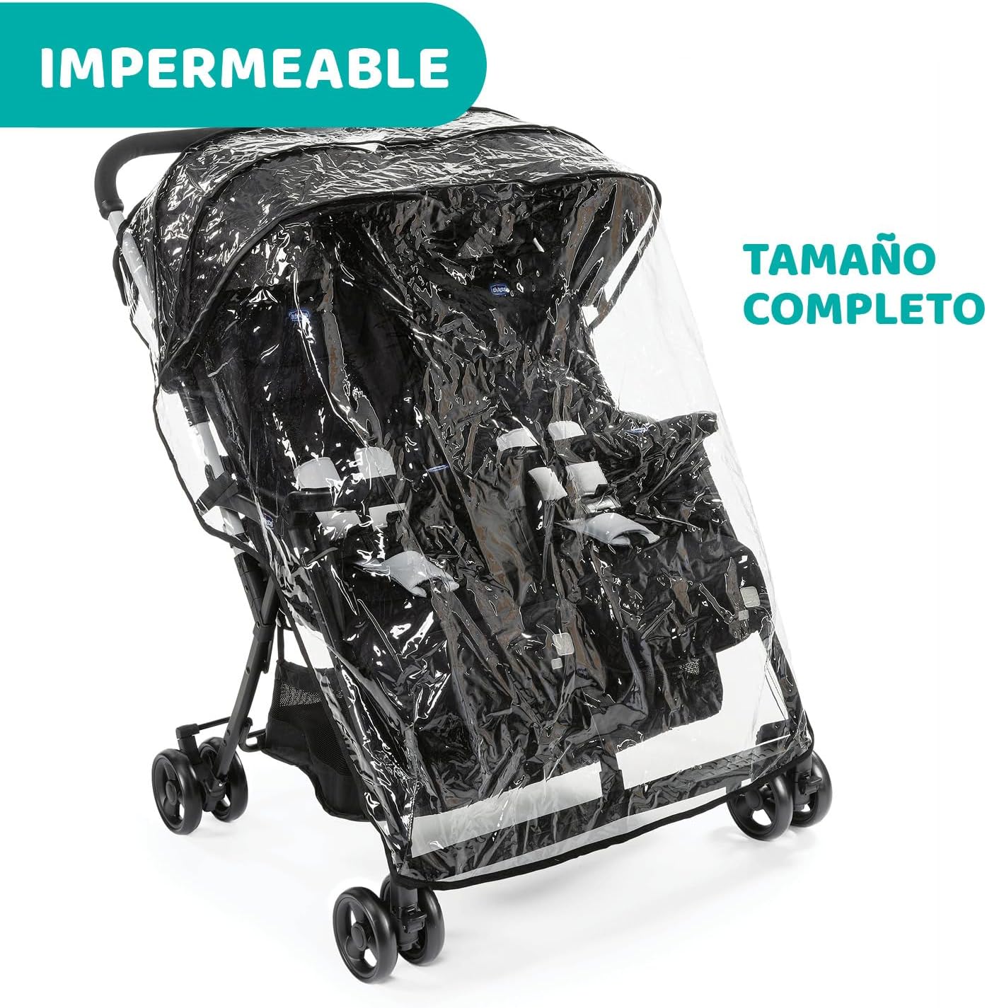 Chicco OHlalà Twin Cadeira de passeio gémeas de 0 meses a 15 kg, para botões de punho e irmãos, carrinho duplo reclinável e dobrável, leve, dobrável compacto, cobertura de chuva - cor preta