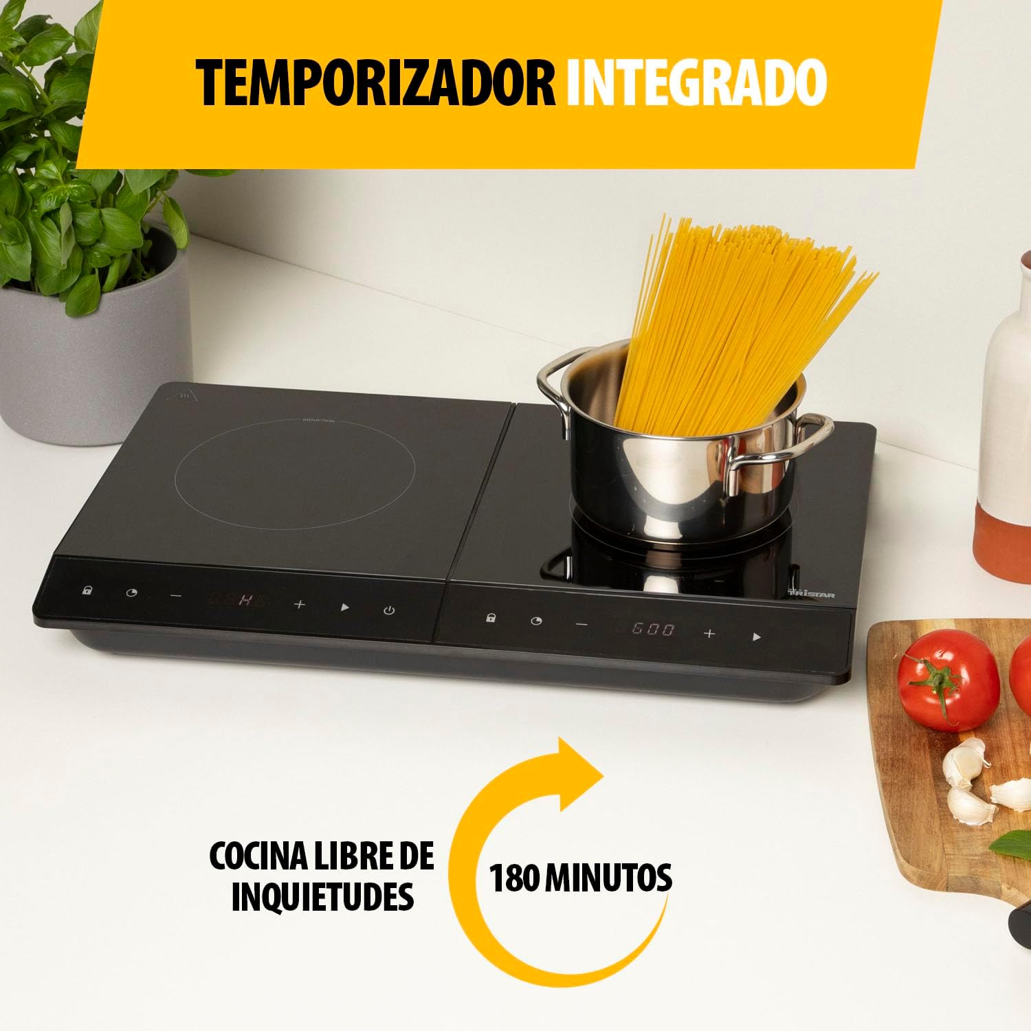 Tristar Placa de inducción doble, ⌀19 y ⌀16 cm, 10 niveles de potencia, 3500 W, de bajo consumo, temporizador integrado, con protección contra sobrecalentamiento, IK-6162