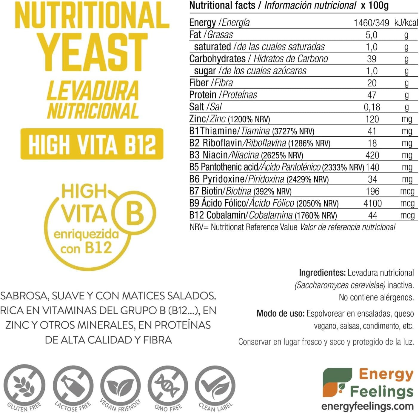 Energy Feelings Levedura nutricional B12, 1 kg, levedura nutritiva em flocos rica em vitamina B e proteínas, 51%, natural Yeast sem glúten, sem açúcar, ideal para queijo vegano